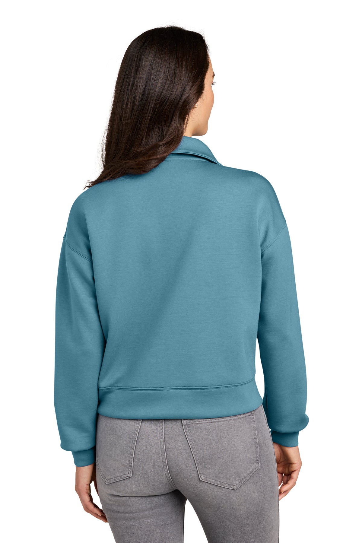 TravisMathew Women’s Momentum Shift 1/2-Zip in Copen Blue, back on model
