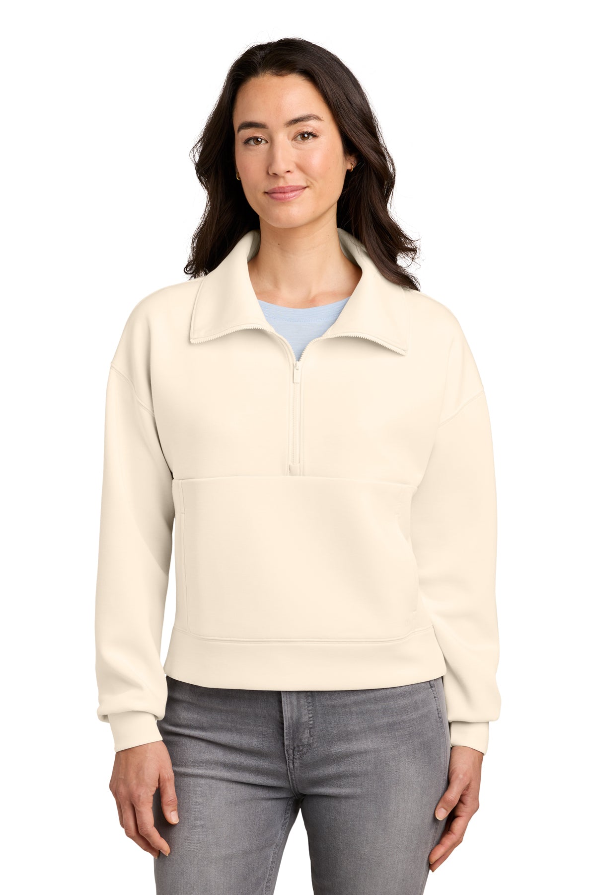 TravisMathew Women’s Momentum Shift 1/2-Zip in Eggnog, front on model