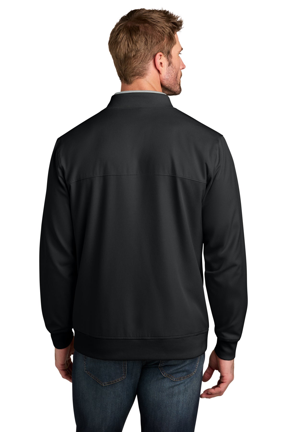 TravisMathew Bomber Jacket in Black, back on model