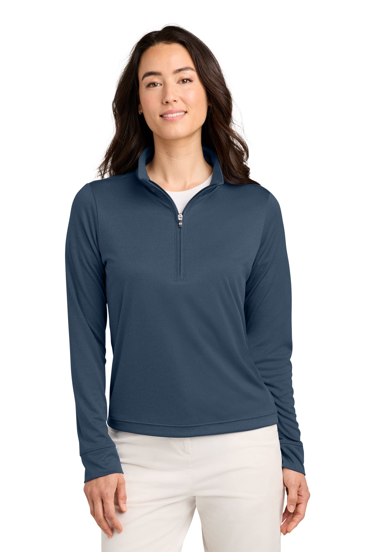 TravisMathew Women’s Coto 1/2-Zip in Vintage Indigo/ Black, front on model