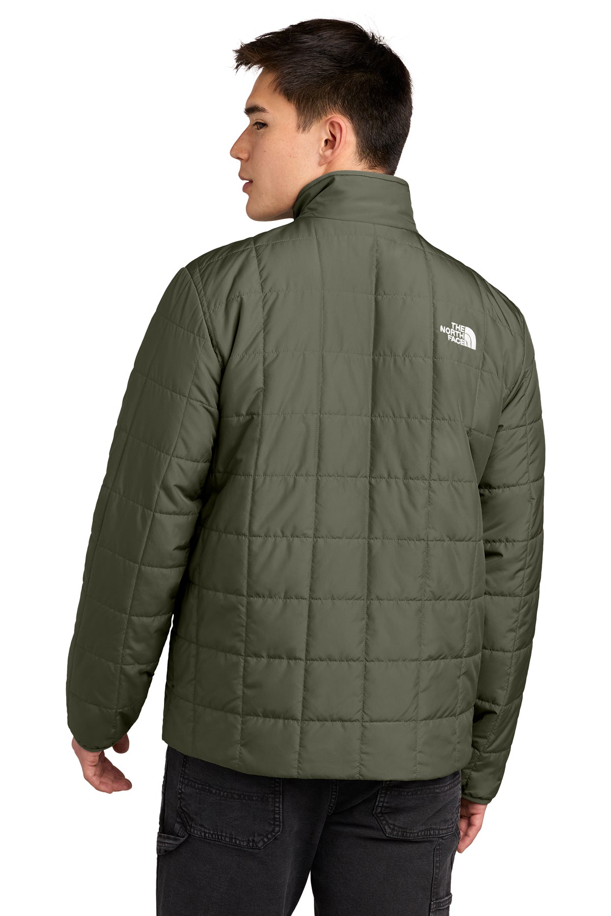 The North Face Iron Drift Quilted Jacket in New Taupe Green, back on model