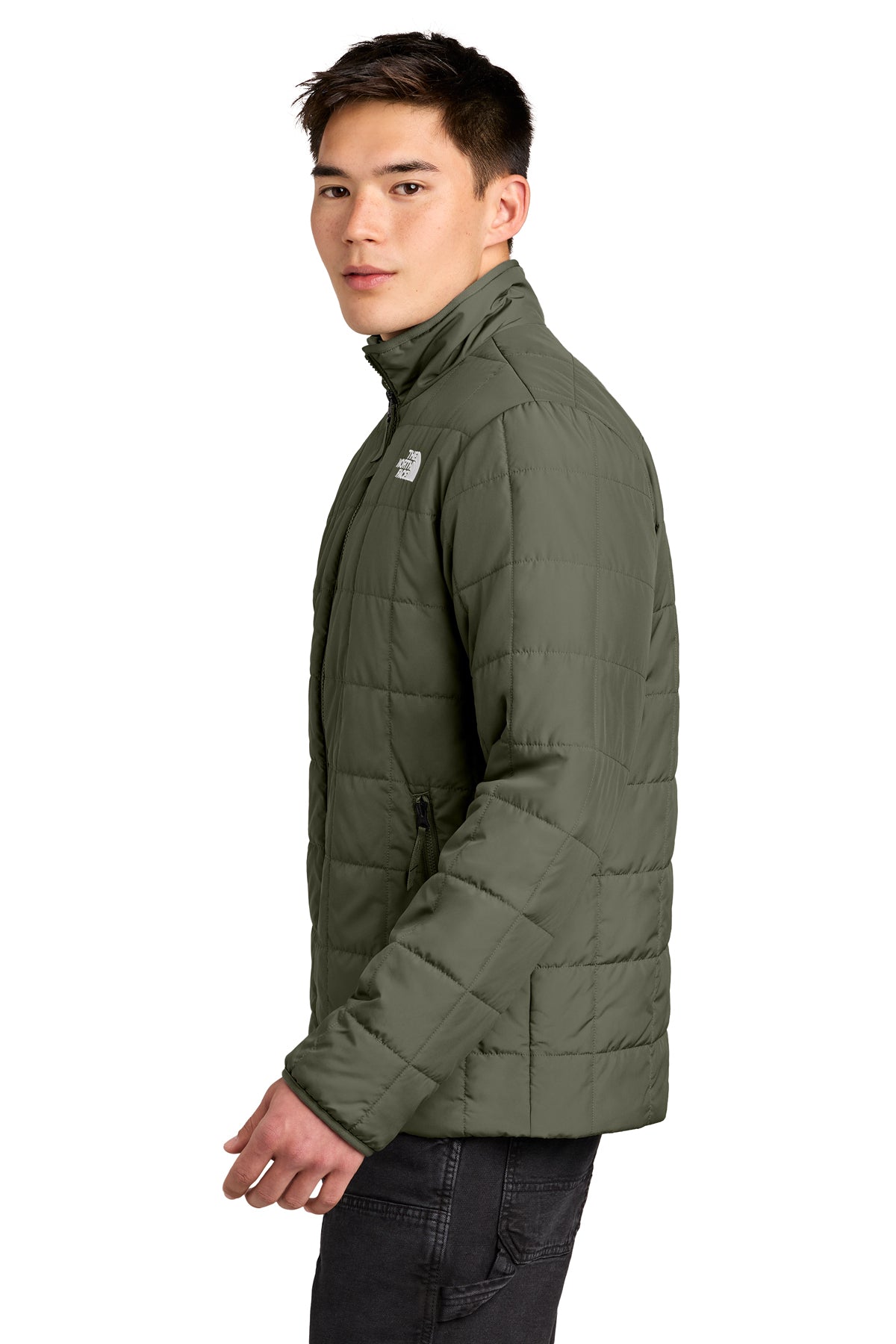 The North Face Iron Drift Quilted Jacket in New Taupe Green, side on model