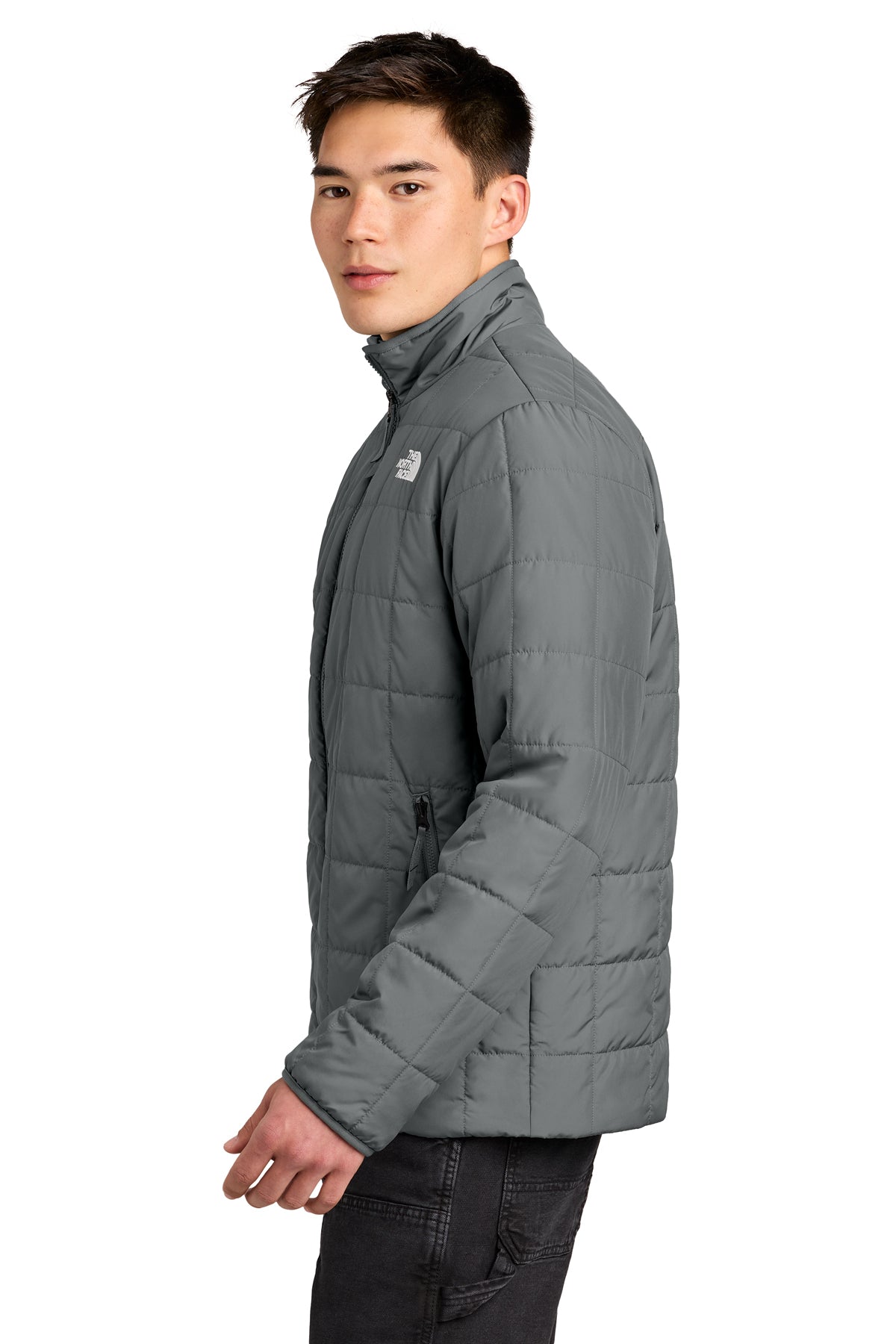 The North Face Iron Drift Quilted Jacket in Smoked Pearl Grey, side on model