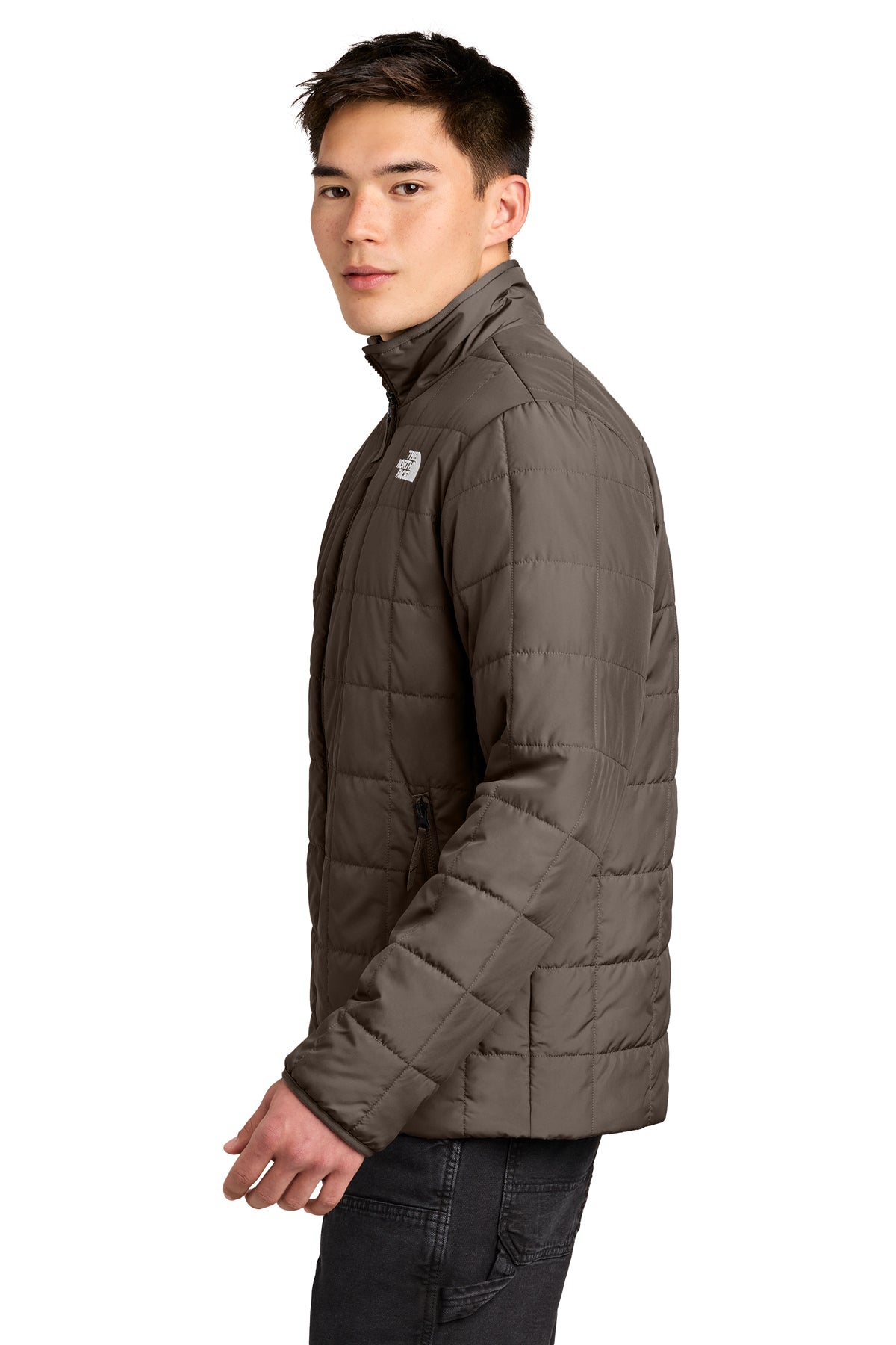 The North Face Iron Drift Quilted Jacket in Smokey Brown, side on model