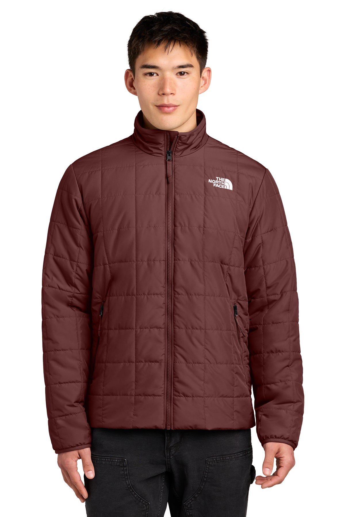 The North Face Iron Drift Quilted Jacket in Sumac Burgundy, front on model