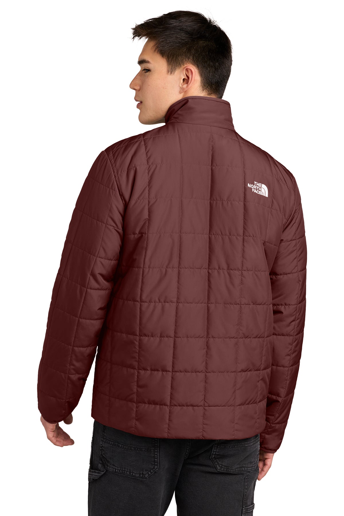 The North Face Iron Drift Quilted Jacket in Sumac Burgundy, back on model