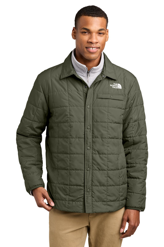 The North Face Iron Drift Quilted Shirt Jacket in New Taupe Green, front on model