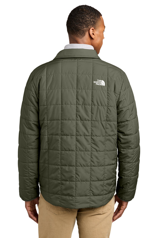 The North Face Iron Drift Quilted Shirt Jacket in New Taupe Green, back on model