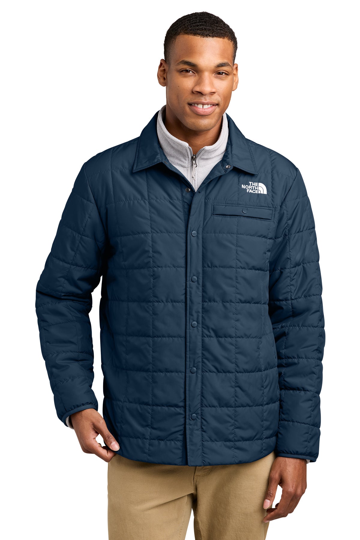 The North Face Iron Drift Quilted Shirt Jacket in Summit Navy, front on model