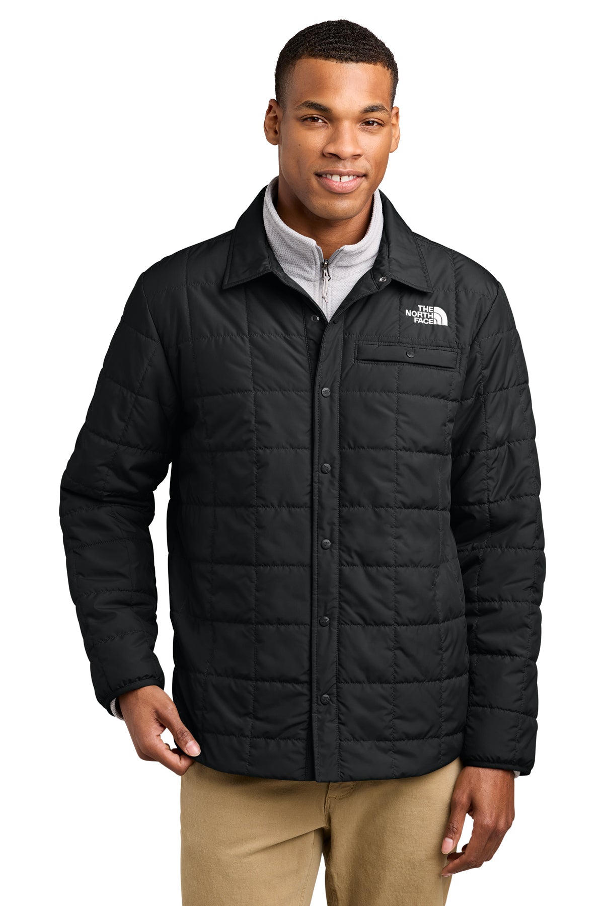 The North Face Iron Drift Quilted Shirt Jacket in TNF Black, front on model