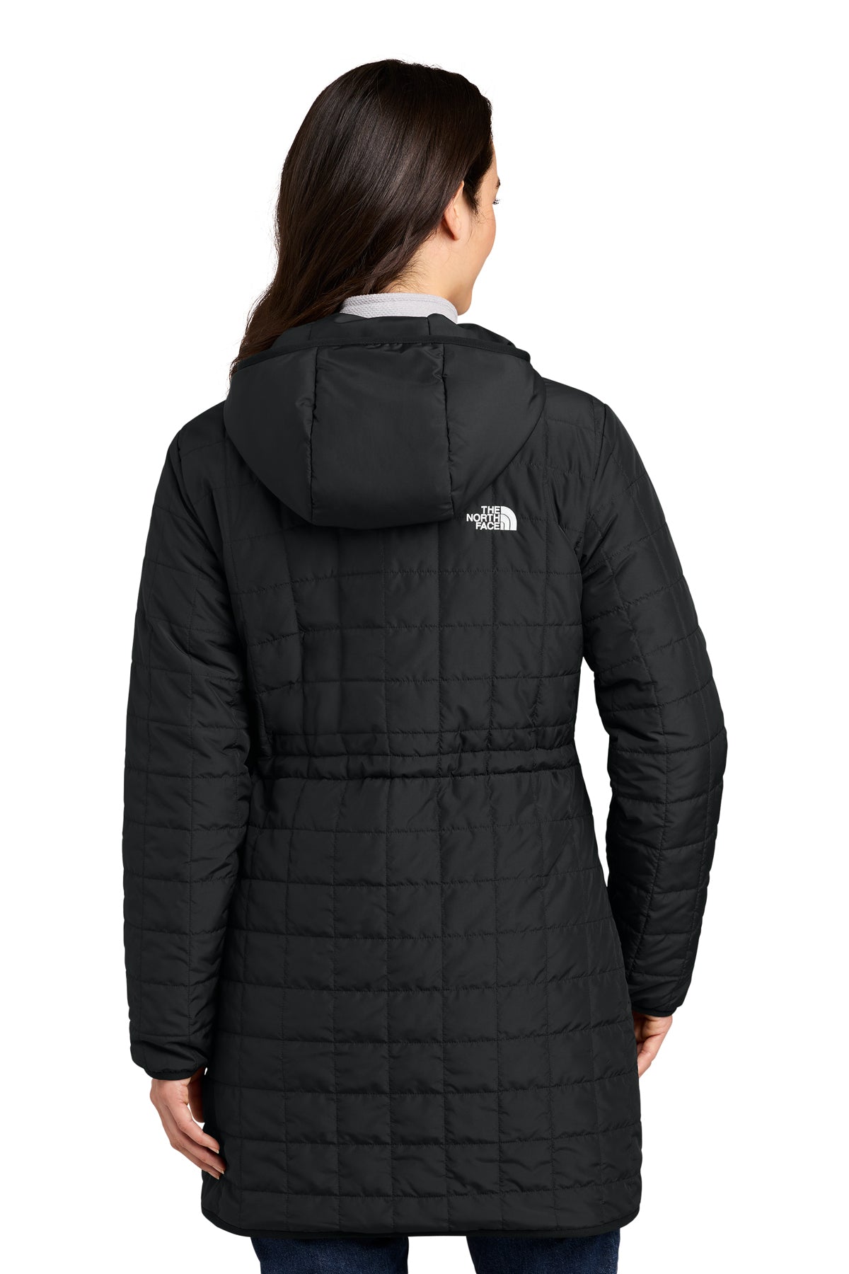The North Face Women’s Iron Drift Quilted Hooded Parka in TNF Black, back on model