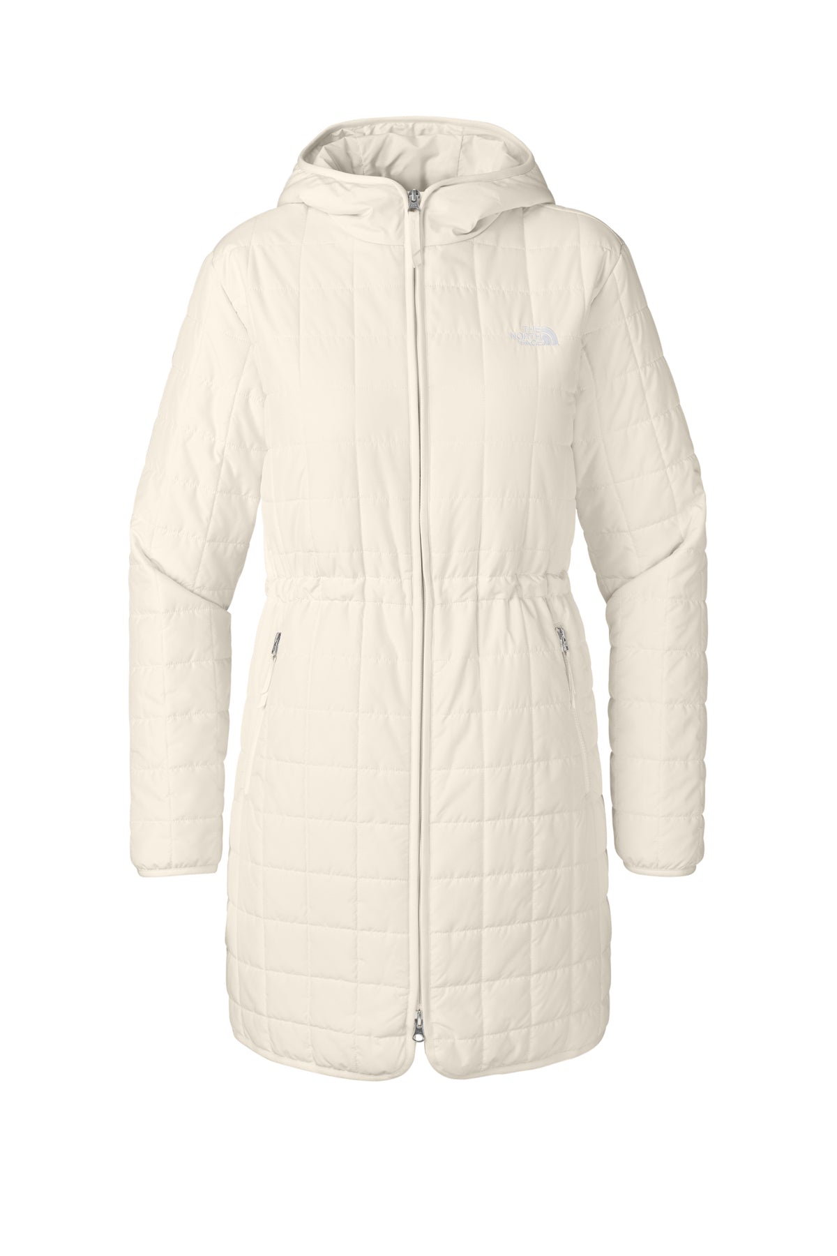 The North Face Women’s Iron Drift Quilted Hooded Parka in White Dune, front flat
