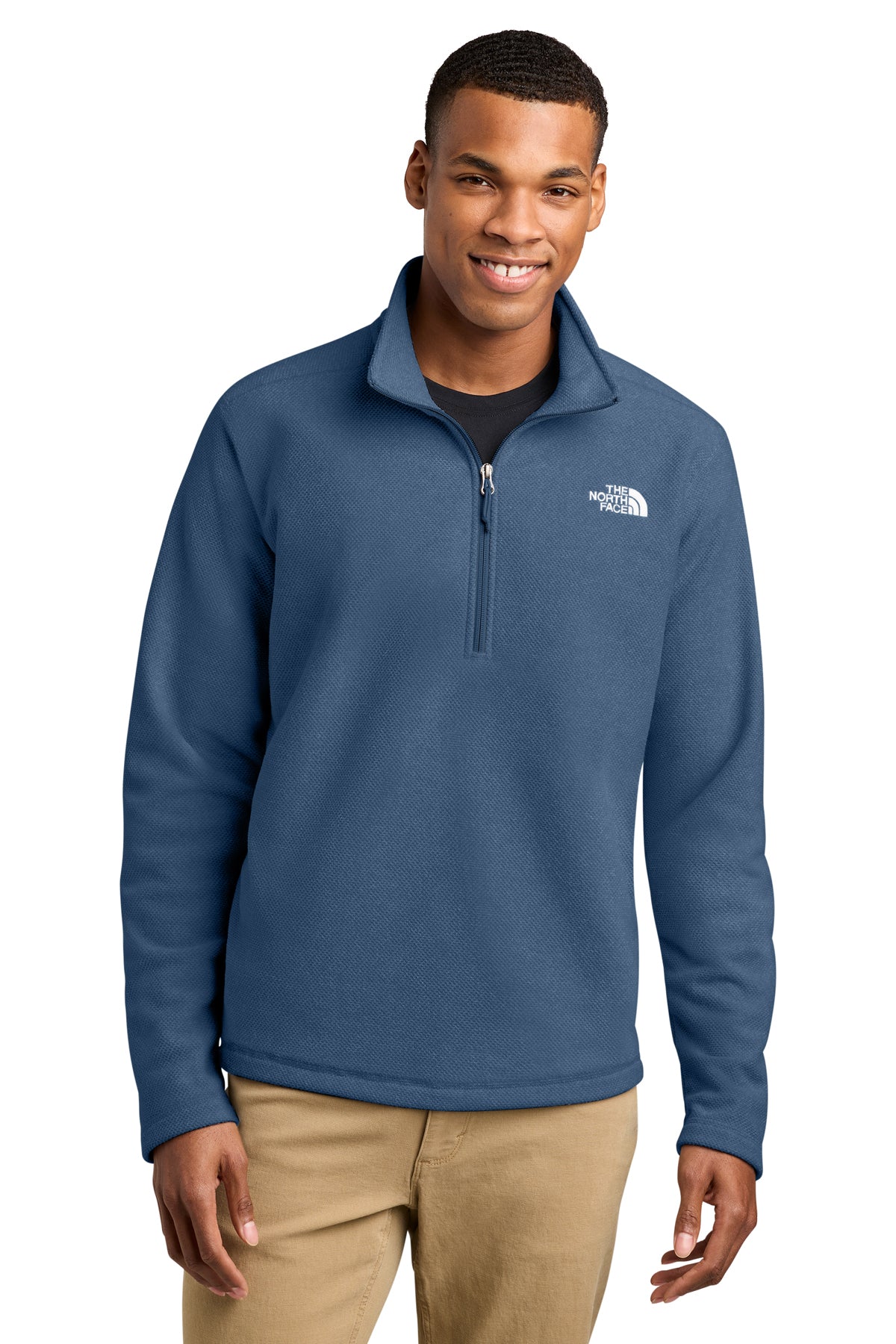 The North Face Textured Pine Grove 1/2-Zip in Shady Blue Heather, front on model