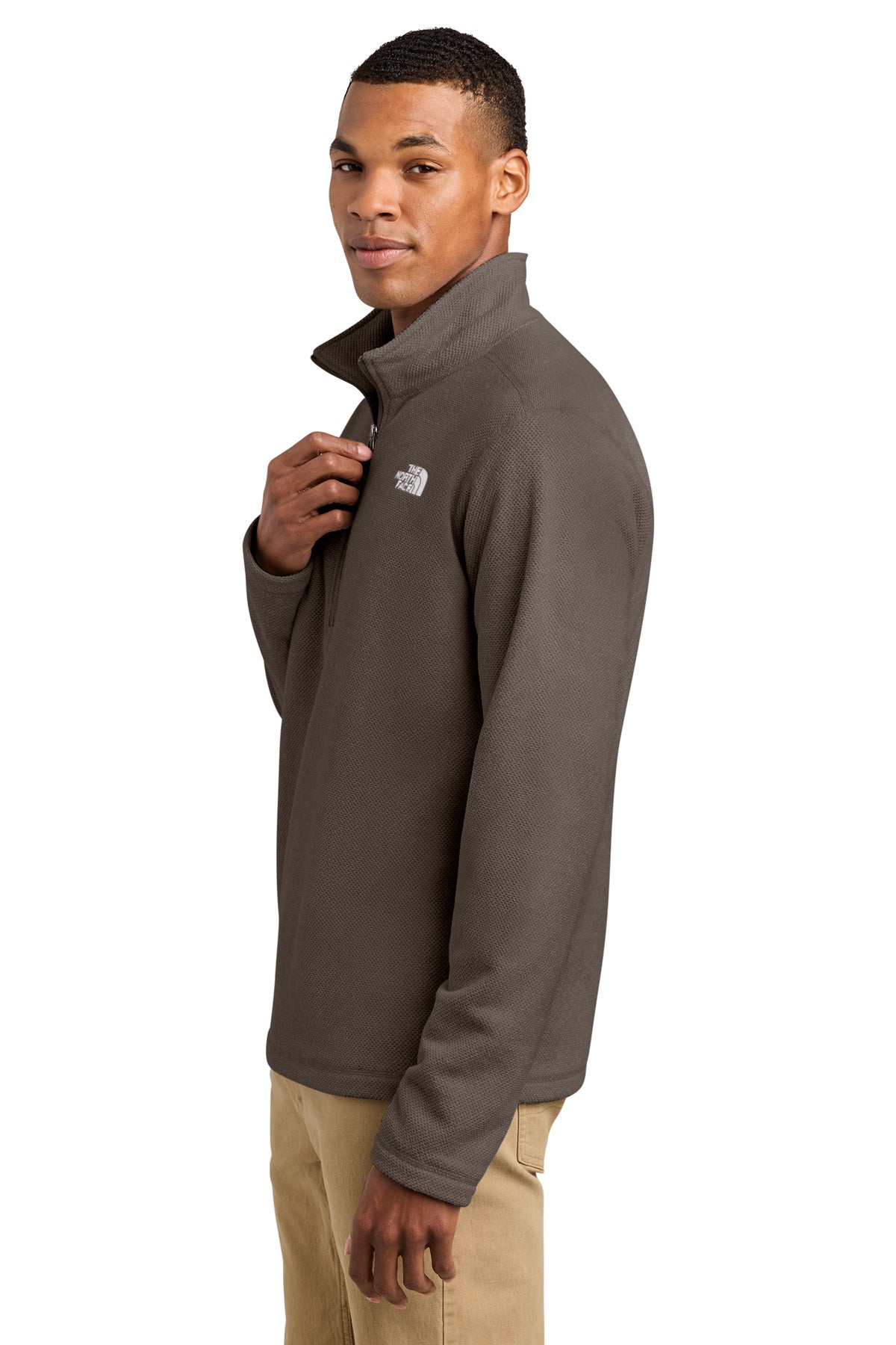The North Face Textured Pine Grove 1/2-Zip in Smokey Brown Heather, side on model
