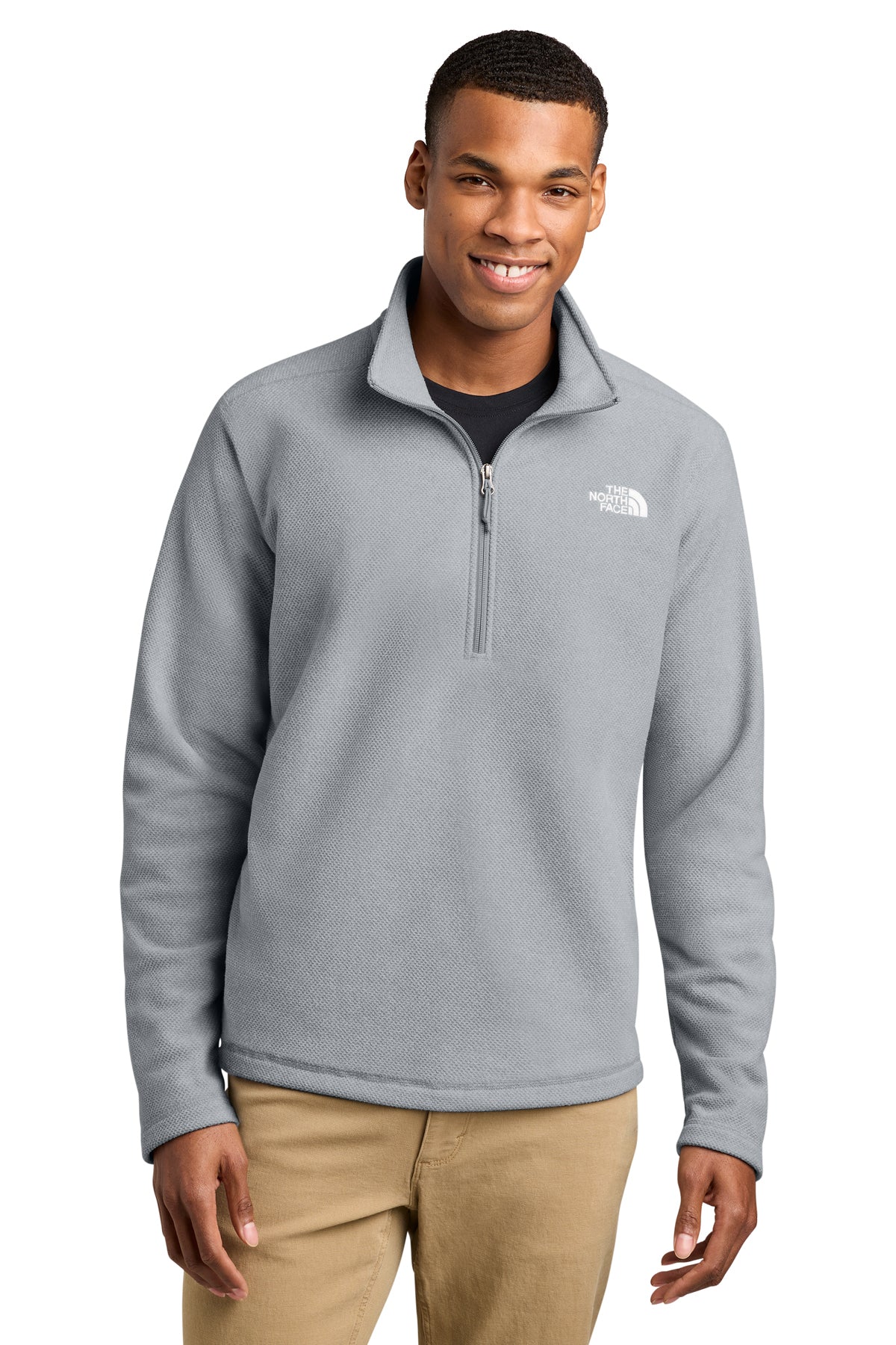 The North Face Textured Pine Grove 1/2-Zip in TNF Light Grey Heather, front on model
