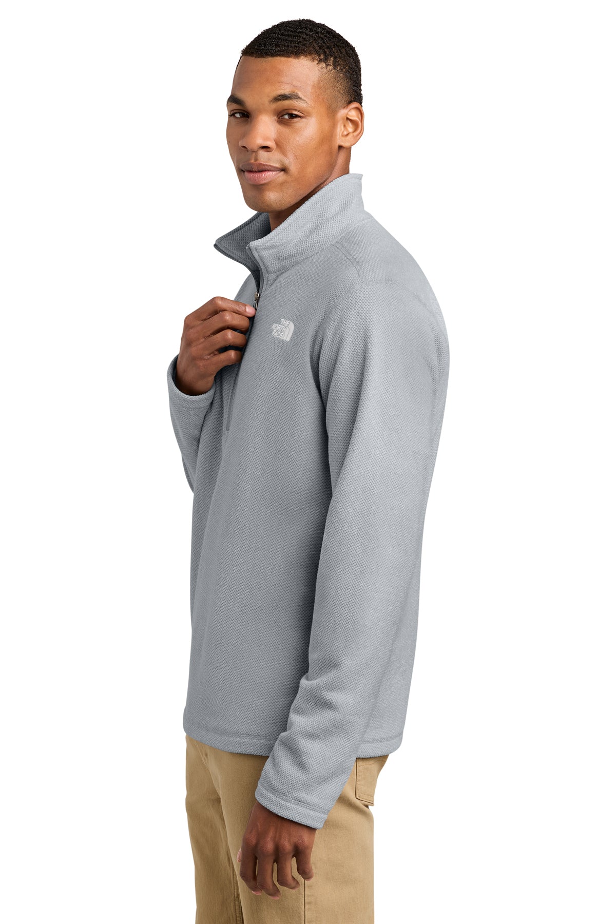 The North Face Textured Pine Grove 1/2-Zip in TNF Light Grey Heather, side on model