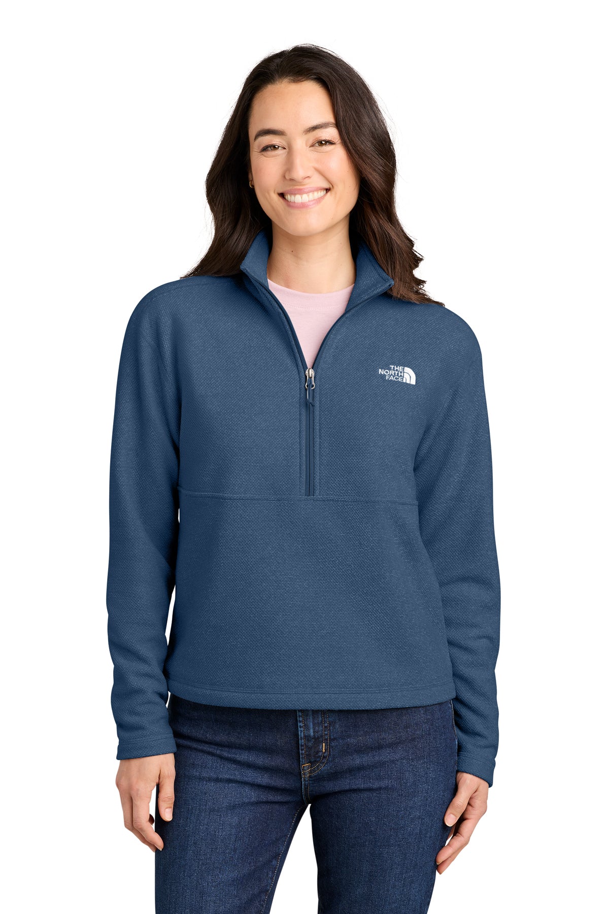 The North Face Women’s Textured Pine Grove 1/2-Zip in Shady Blue Heather, front on model