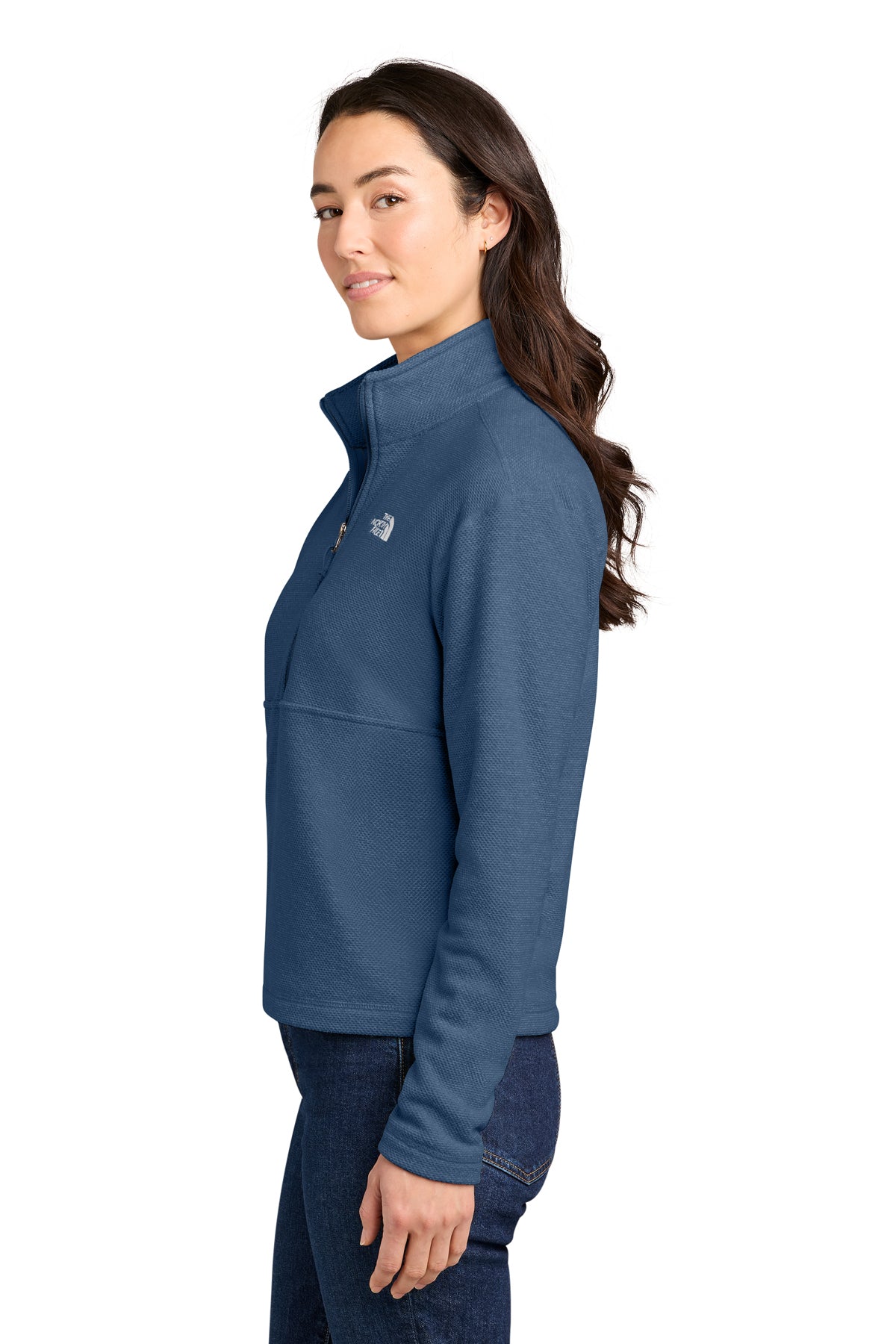 The North Face Women’s Textured Pine Grove 1/2-Zip in Shady Blue Heather, side on model