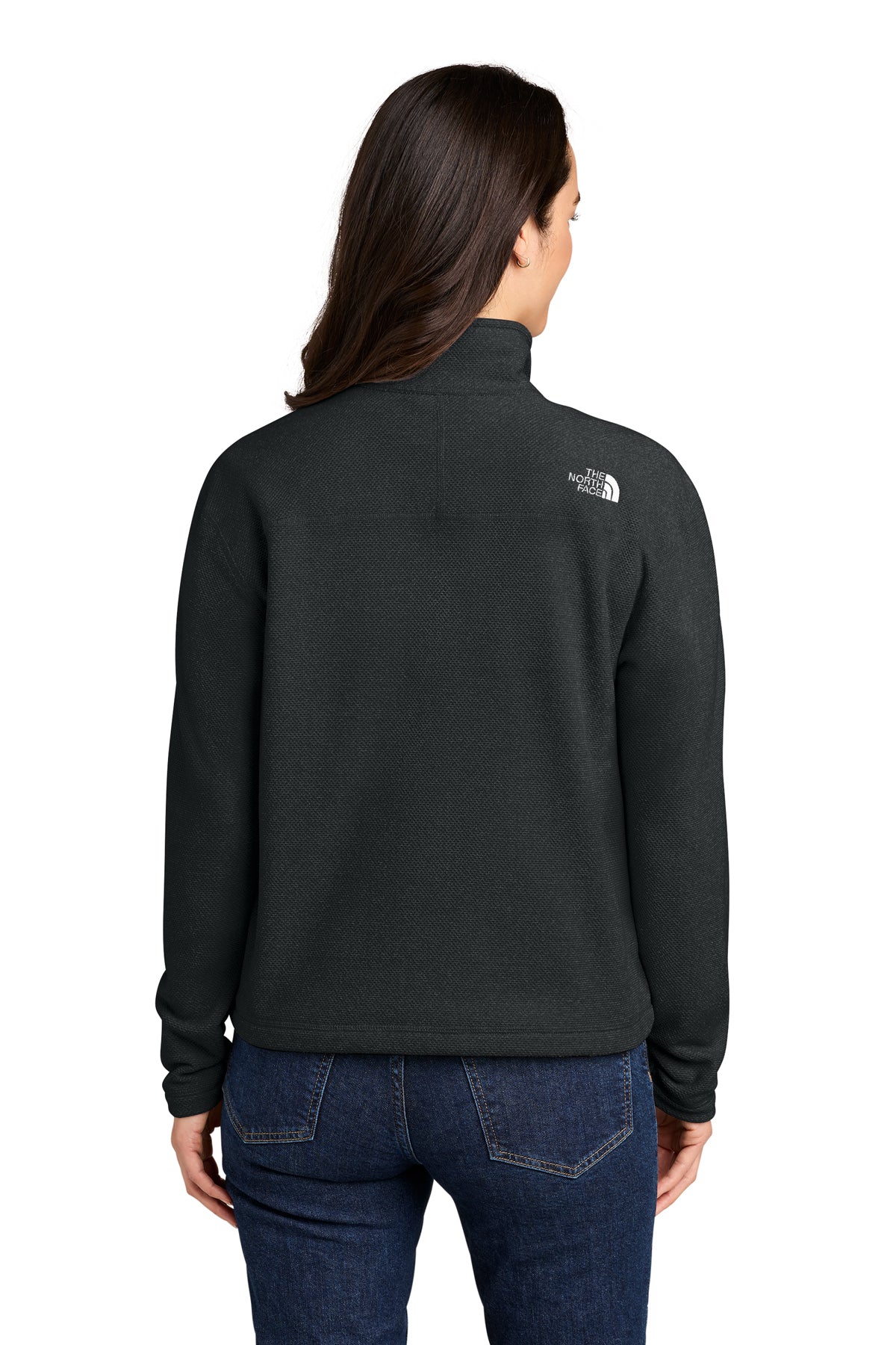 The North Face Women’s Textured Pine Grove 1/2-Zip in TNF Black Heather, back on model