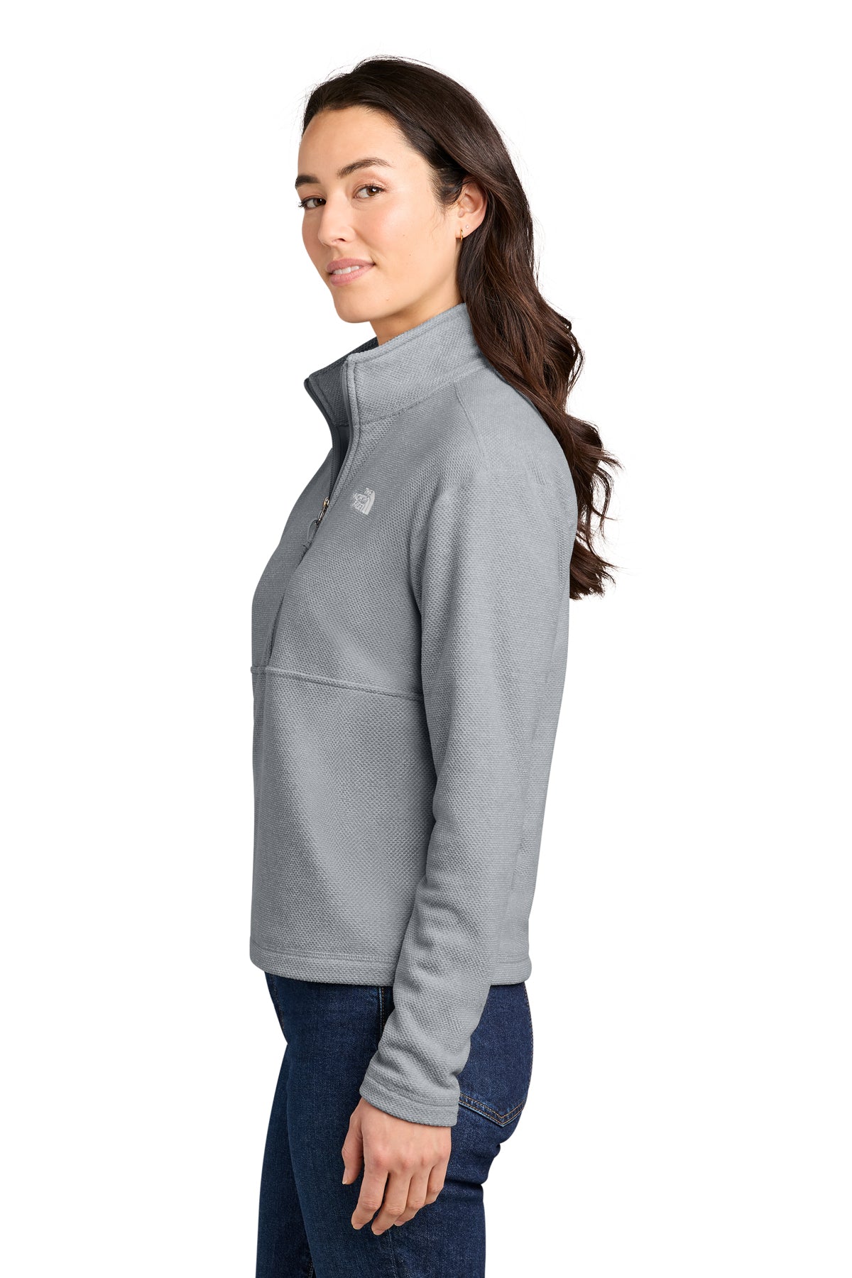The North Face Women’s Textured Pine Grove 1/2-Zip in TNF Light Grey Heather, side on model