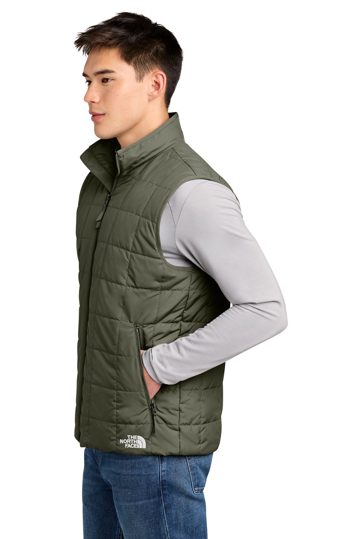 The North Face Iron Drift Quilted Vest in New Taupe Green, side on model