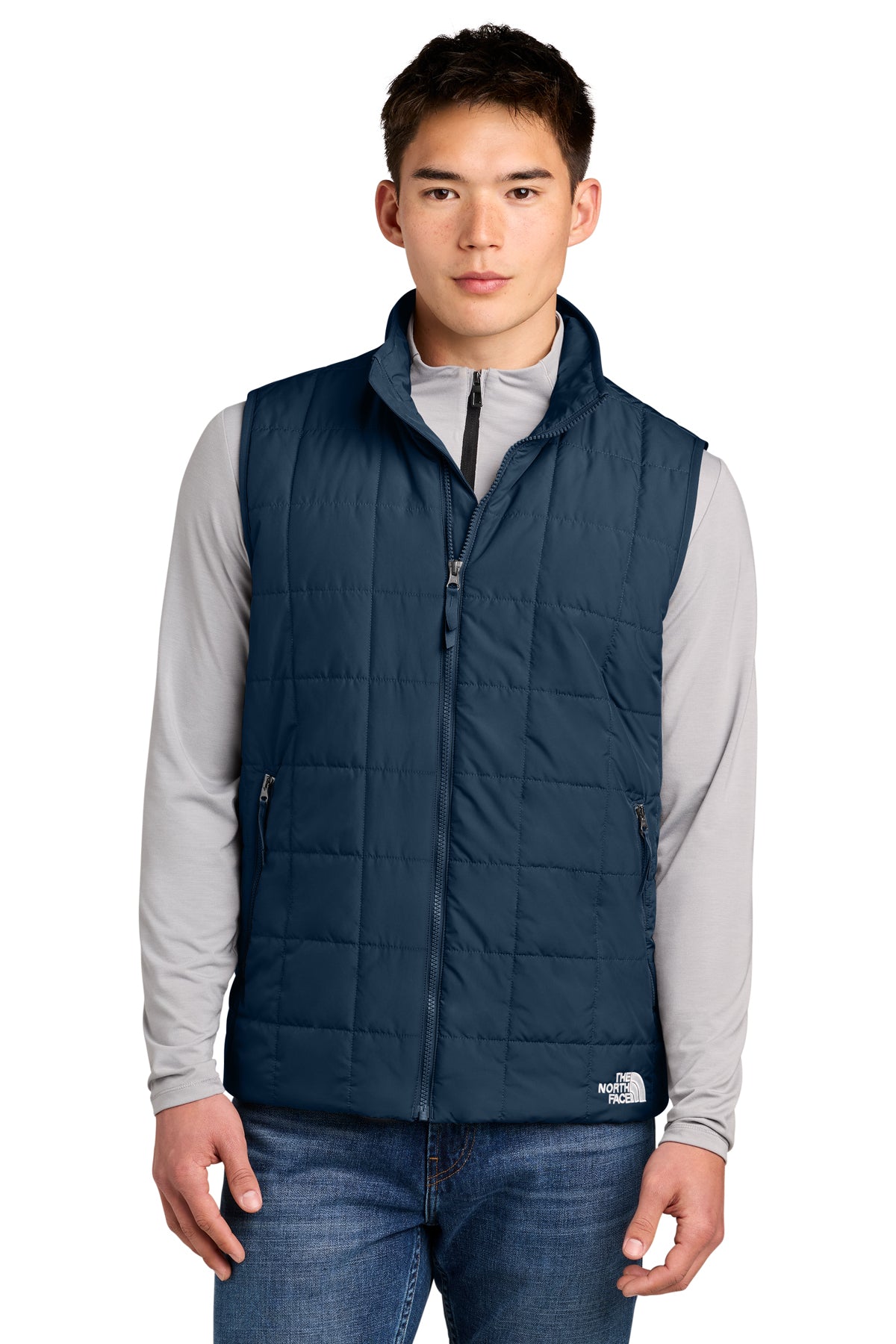 The North Face Iron Drift Quilted Vest in Summit Navy, front on model