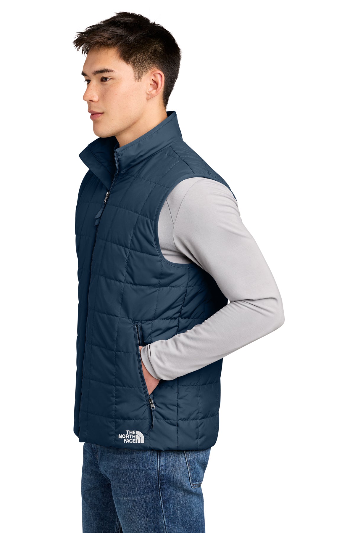 The North Face Iron Drift Quilted Vest in Summit Navy, side on model