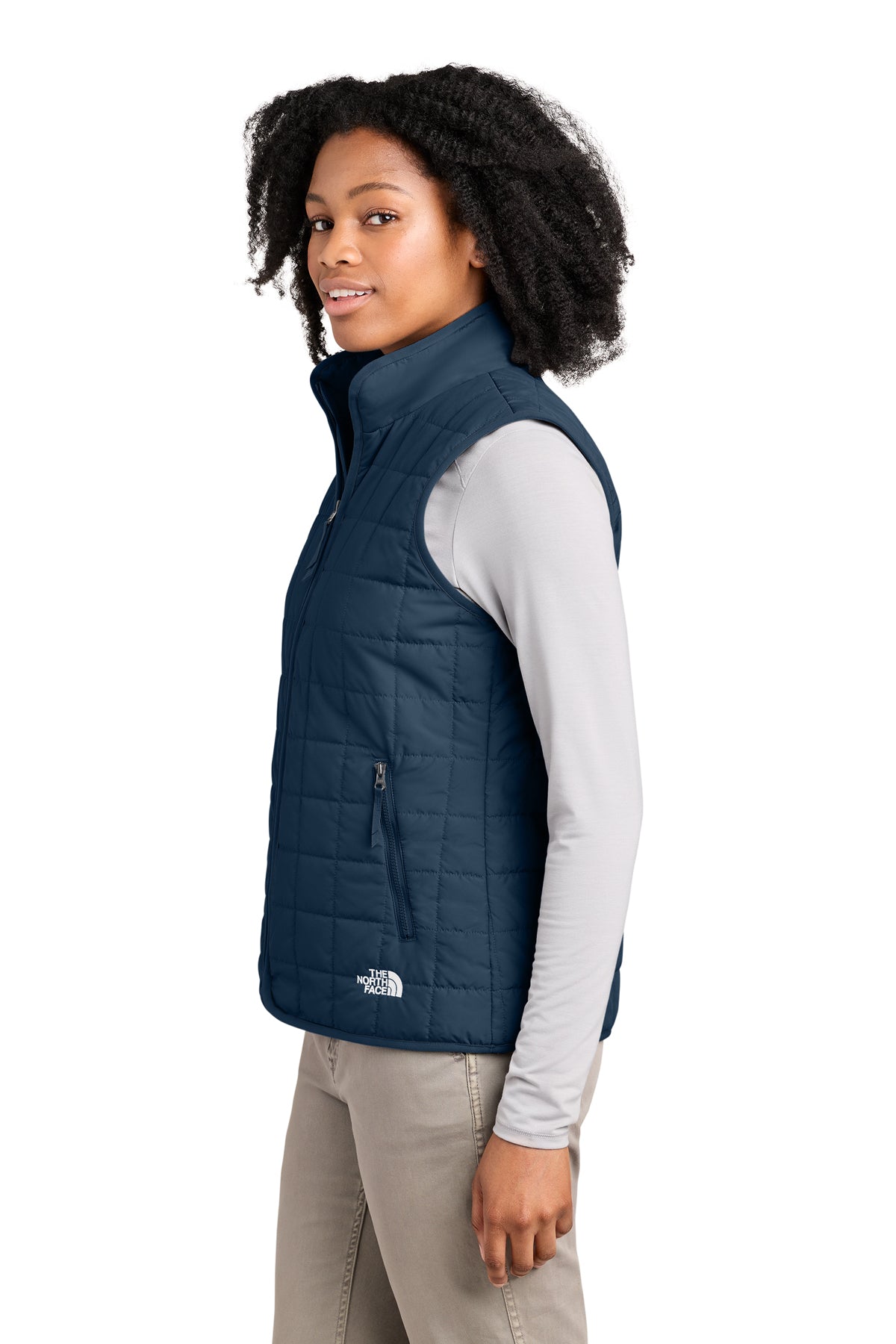 The North Face Women’s Iron Drift Quilted Vest in Summit Navy, side on model