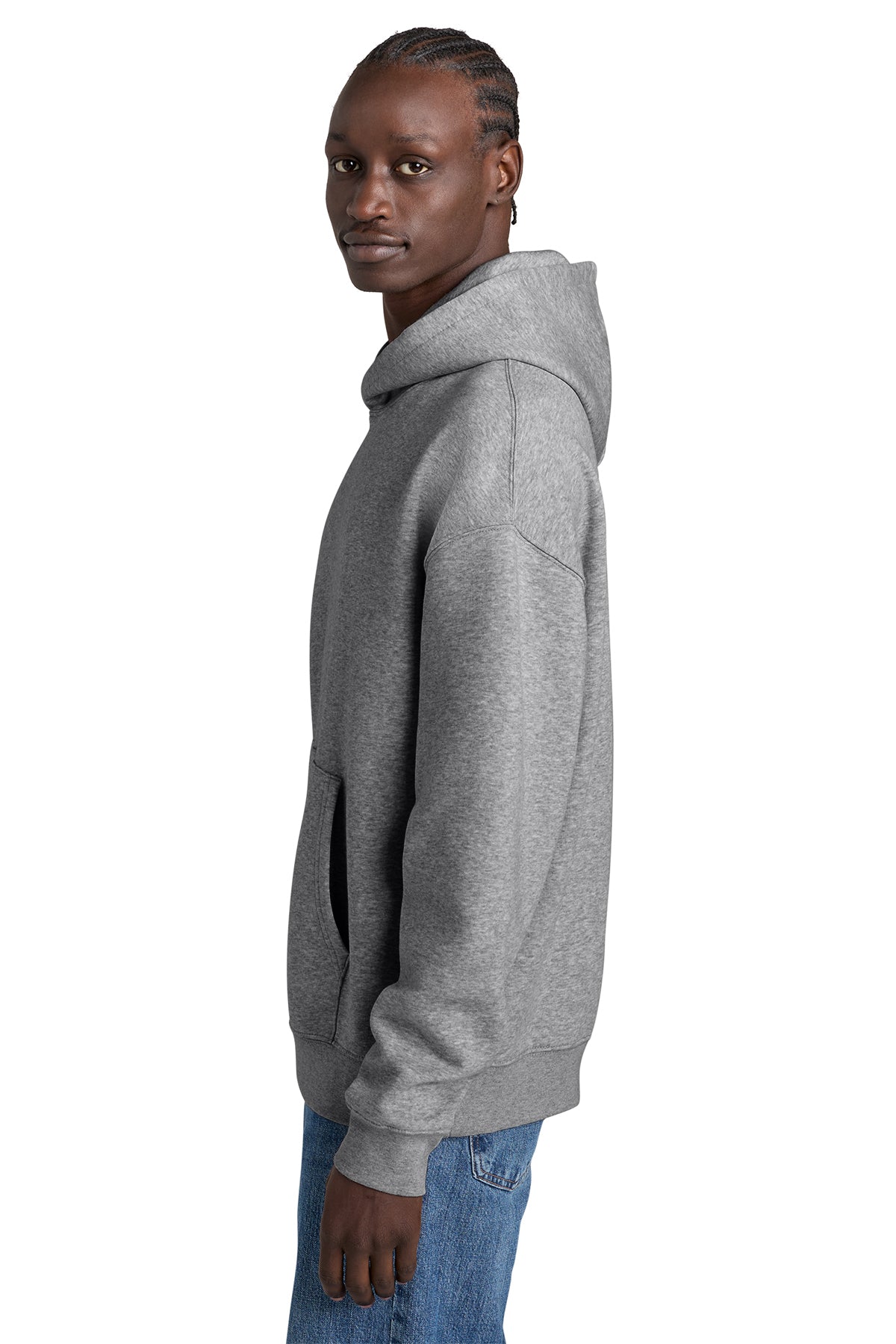 Stanley/Stella Unisex Chaser Hooded Sweatshirt in Heather Grey, side on model