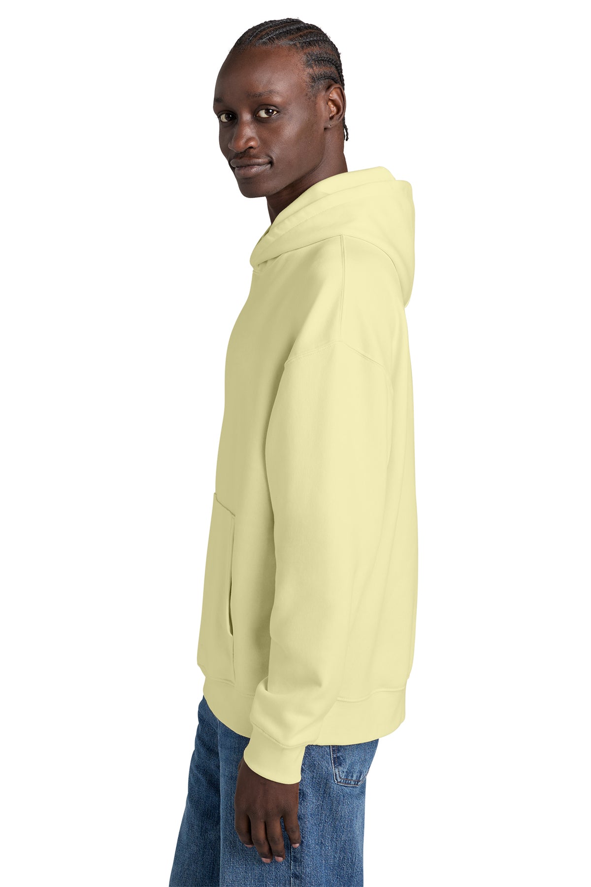 Stanley/Stella Unisex Chaser Hooded Sweatshirt in Lemon Sorbet, side on model