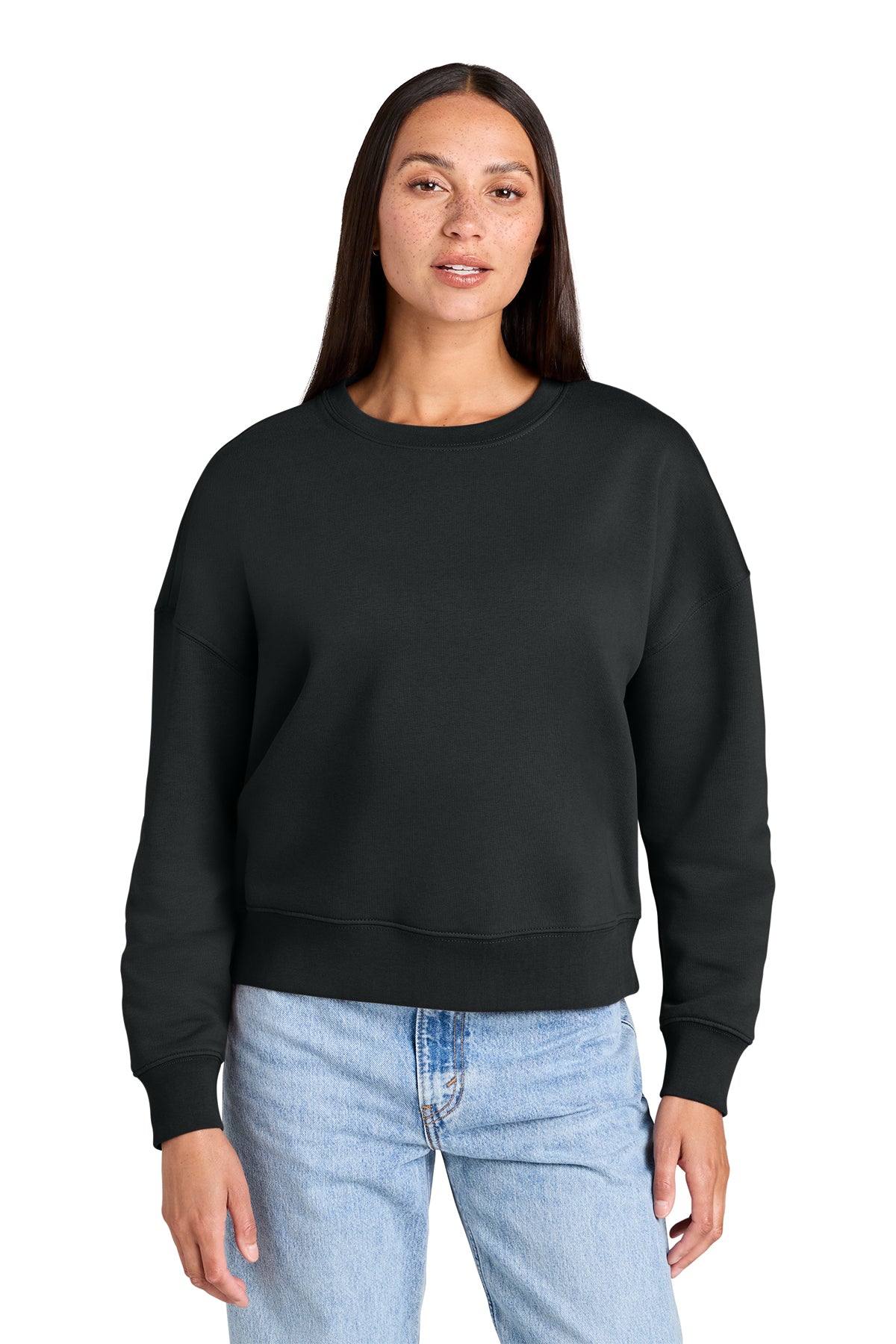 Stanley/Stella Women’s Stella Alma Crewneck Sweatshirt in Black, front on model