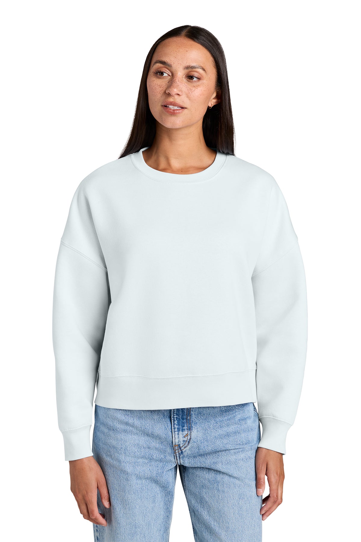 Stanley/Stella Women’s Stella Alma Crewneck Sweatshirt in Blue Ice, front on model
