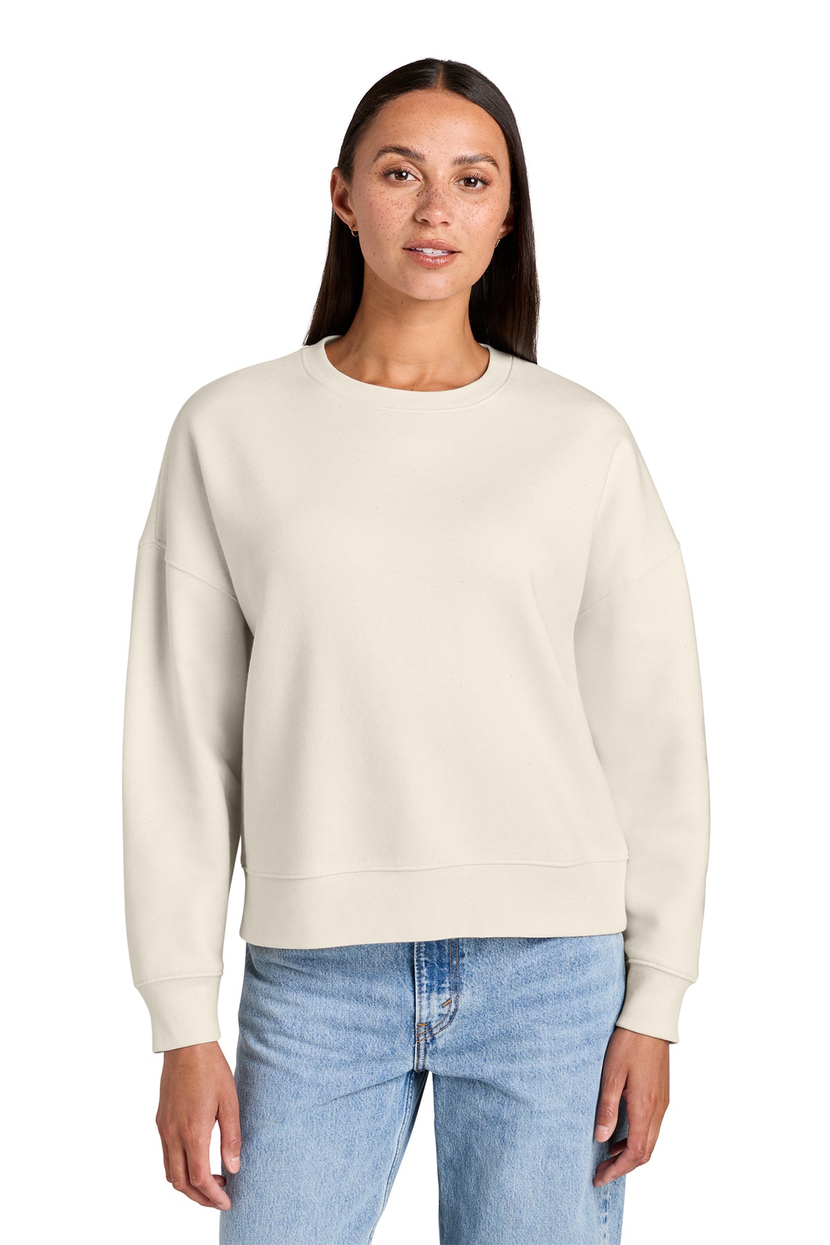 Stanley/Stella Women’s Stella Alma Crewneck Sweatshirt in Natural Raw, front on model