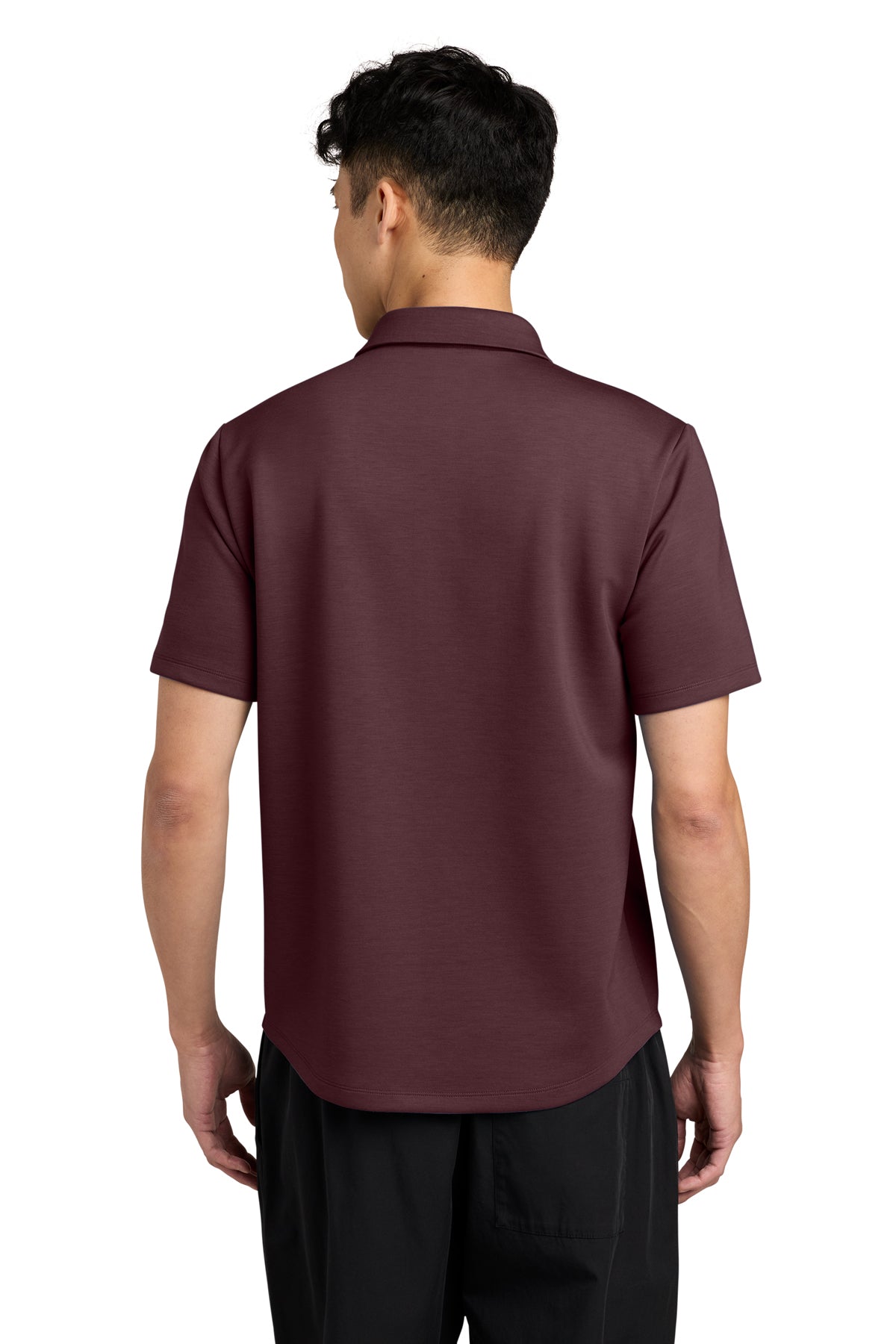 Mercer+Mettle Lite Spacer Polo in Dark Raisin, back on model