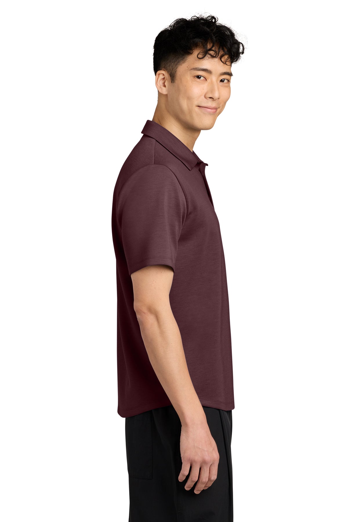 Mercer+Mettle Lite Spacer Polo in Dark Raisin, side on model