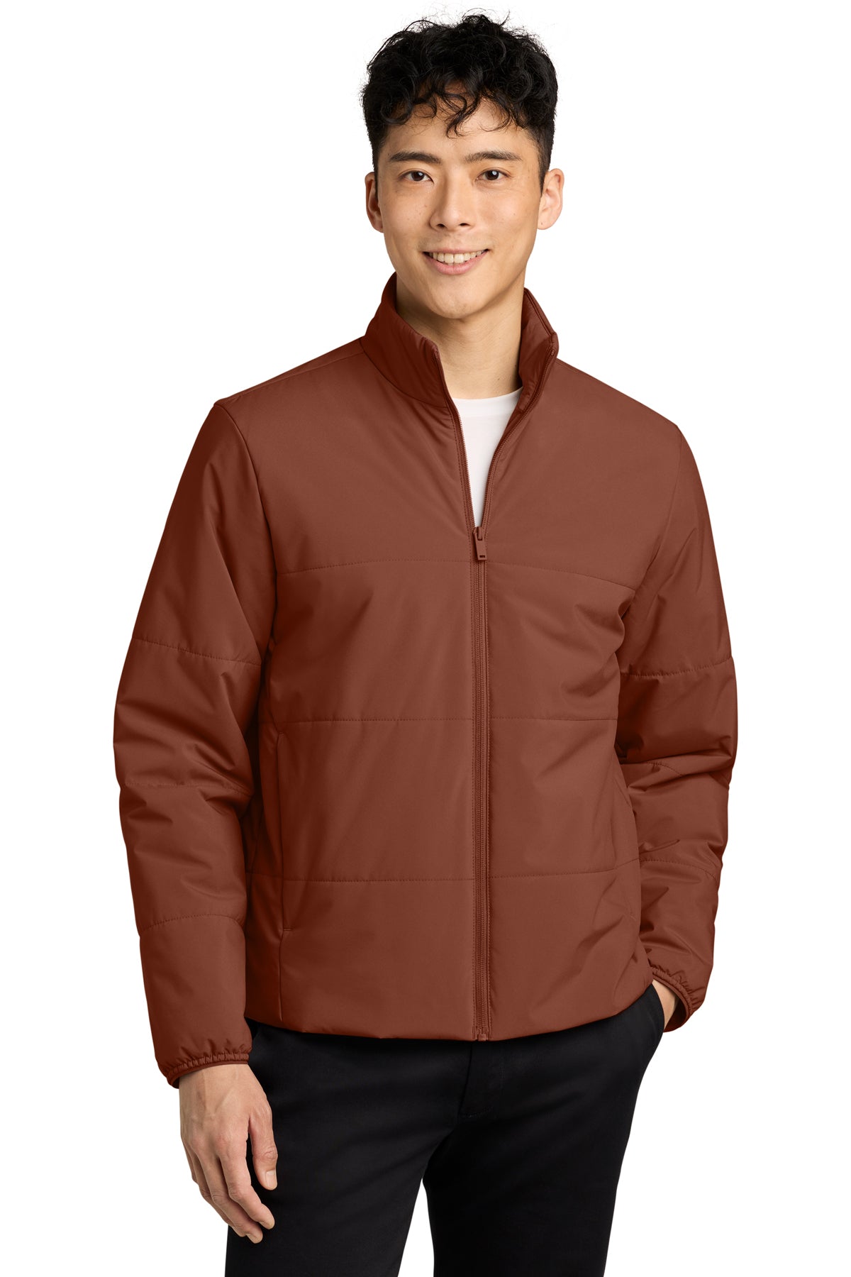 Mercer+Mettle Brookline Quilted Jacket in Dark Sienna, front on model