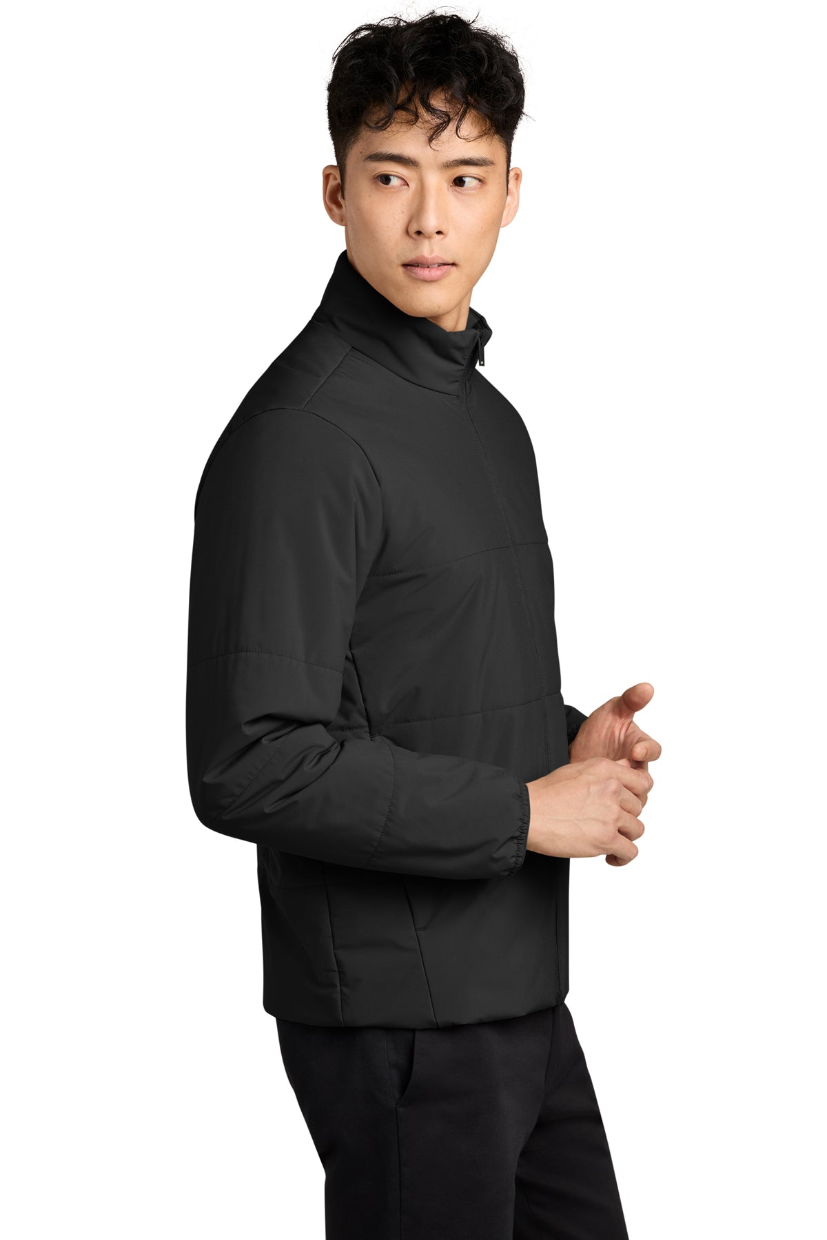 Mercer+Mettle Brookline Quilted Jacket in Deep Black, side on model