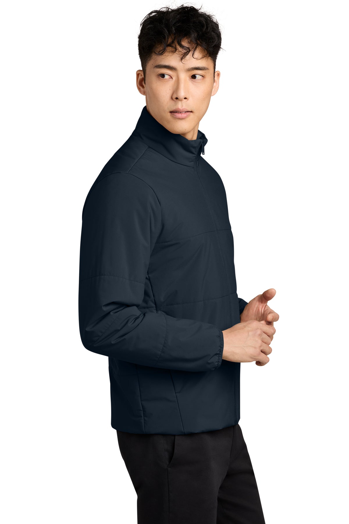 Mercer+Mettle Brookline Quilted Jacket in Night Navy, side on model