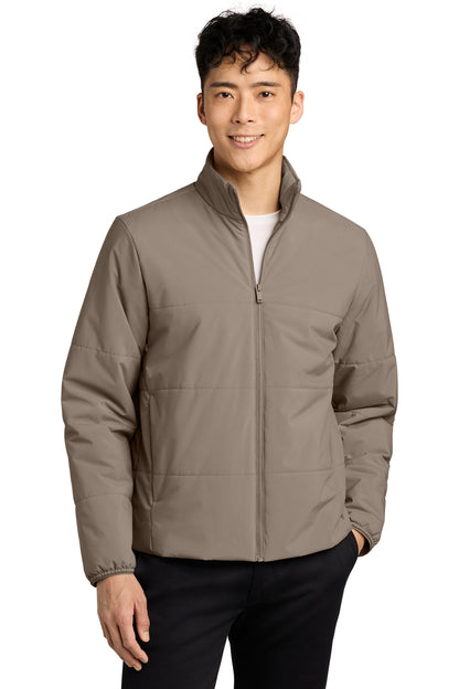 Mercer+Mettle Brookline Quilted Jacket in Warm Taupe, front on model