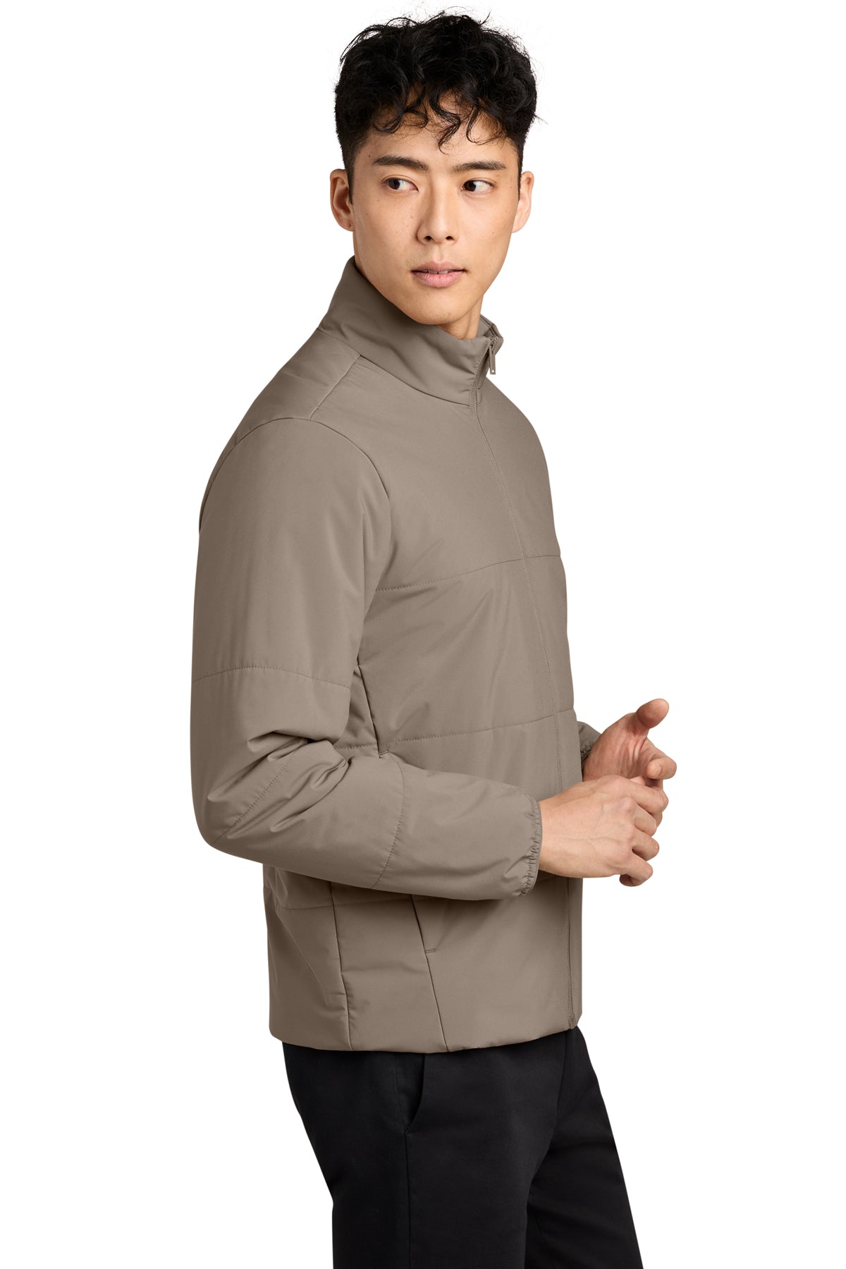 Mercer+Mettle Brookline Quilted Jacket in Warm Taupe, side on model