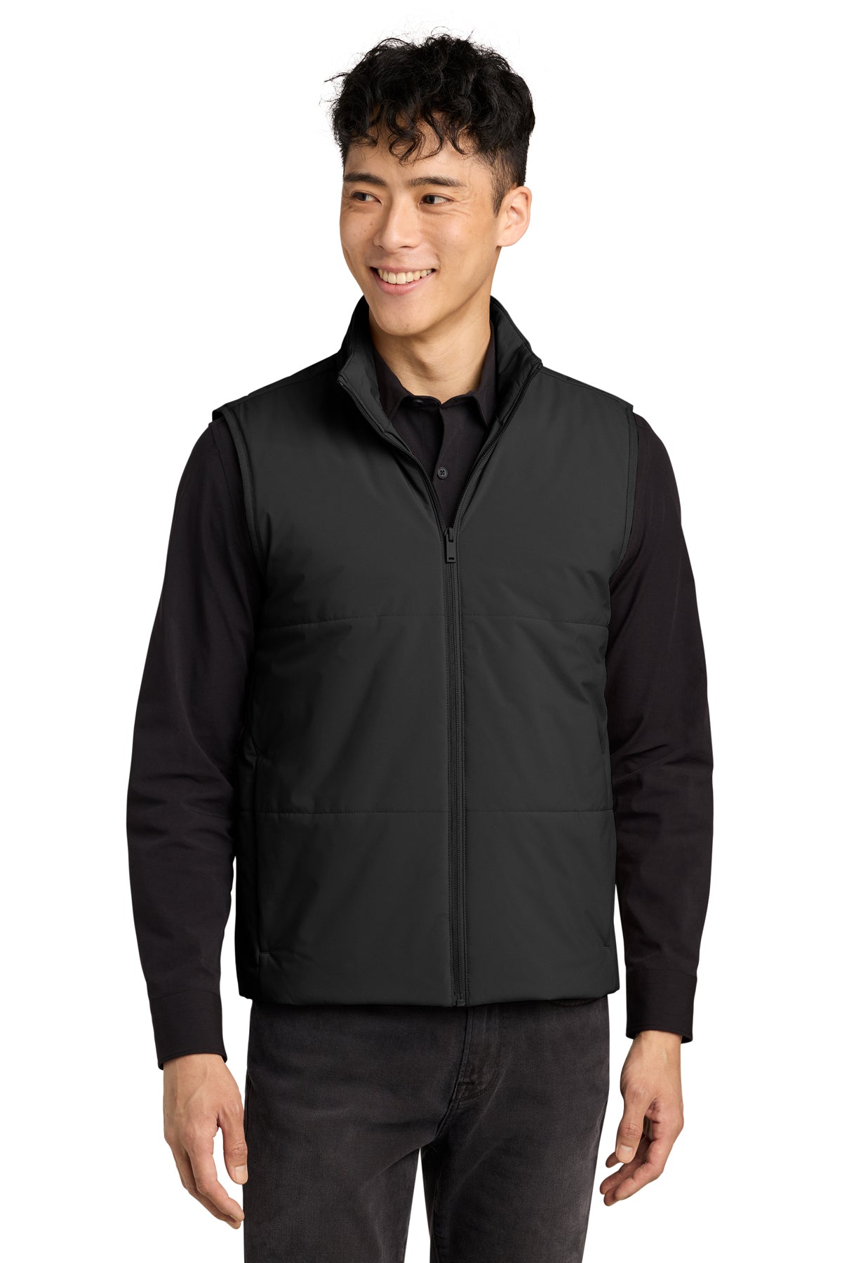 Mercer+Mettle Brookline Quilted Vest in Deep Black, front on model