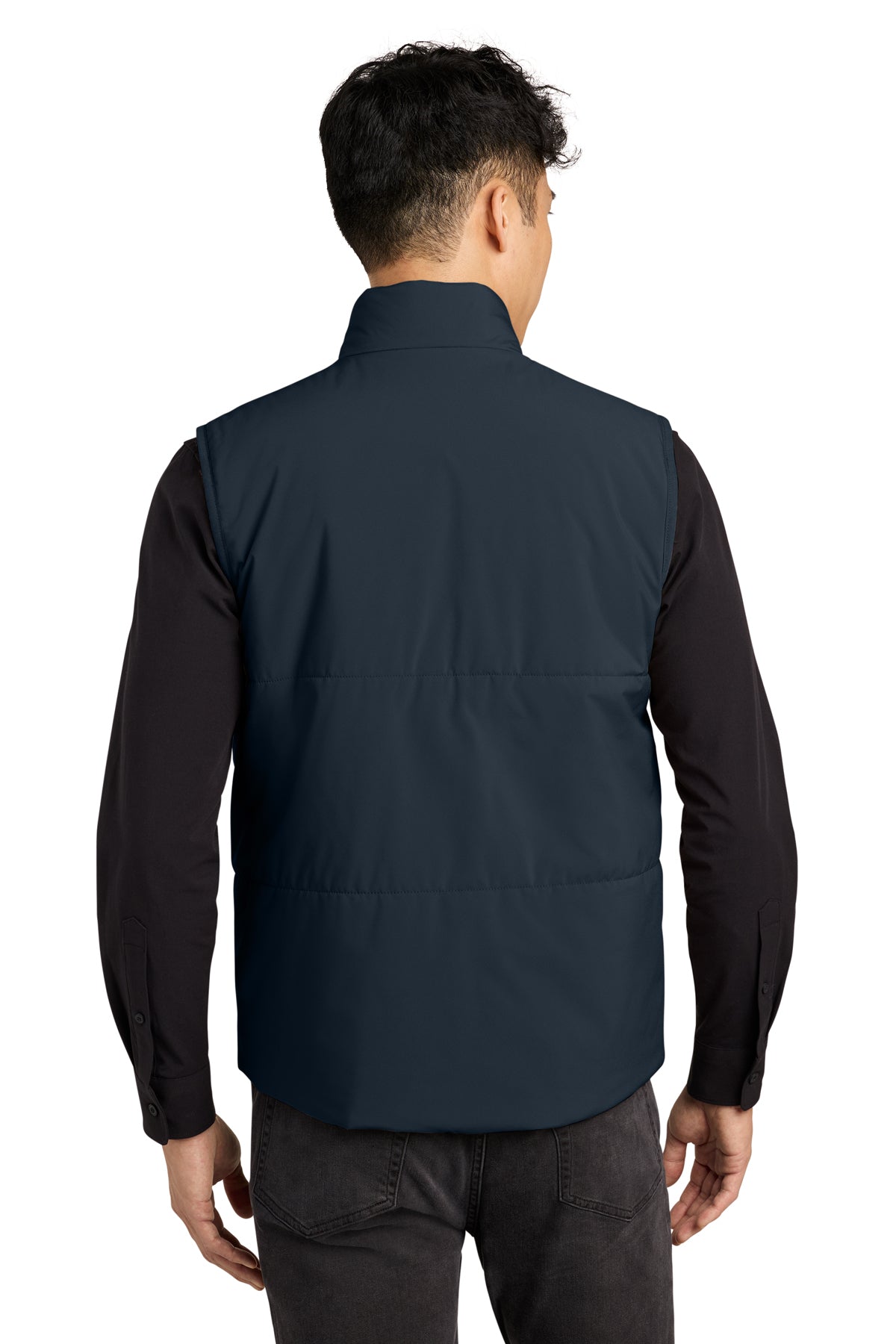 Mercer+Mettle Brookline Quilted Vest in Night Navy, back on model
