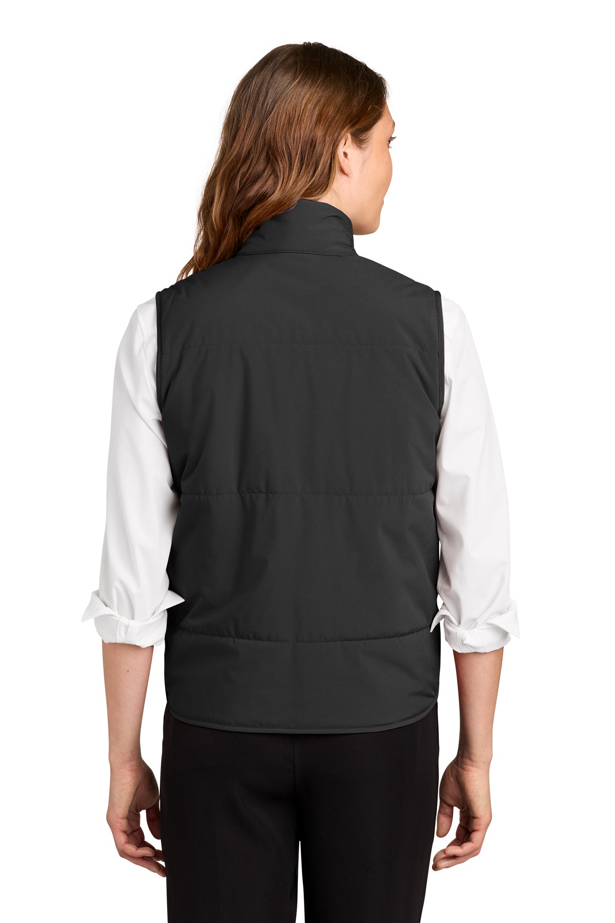 Mercer+Mettle Women’s Brookline Quilted Vest in Deep Black, back on model