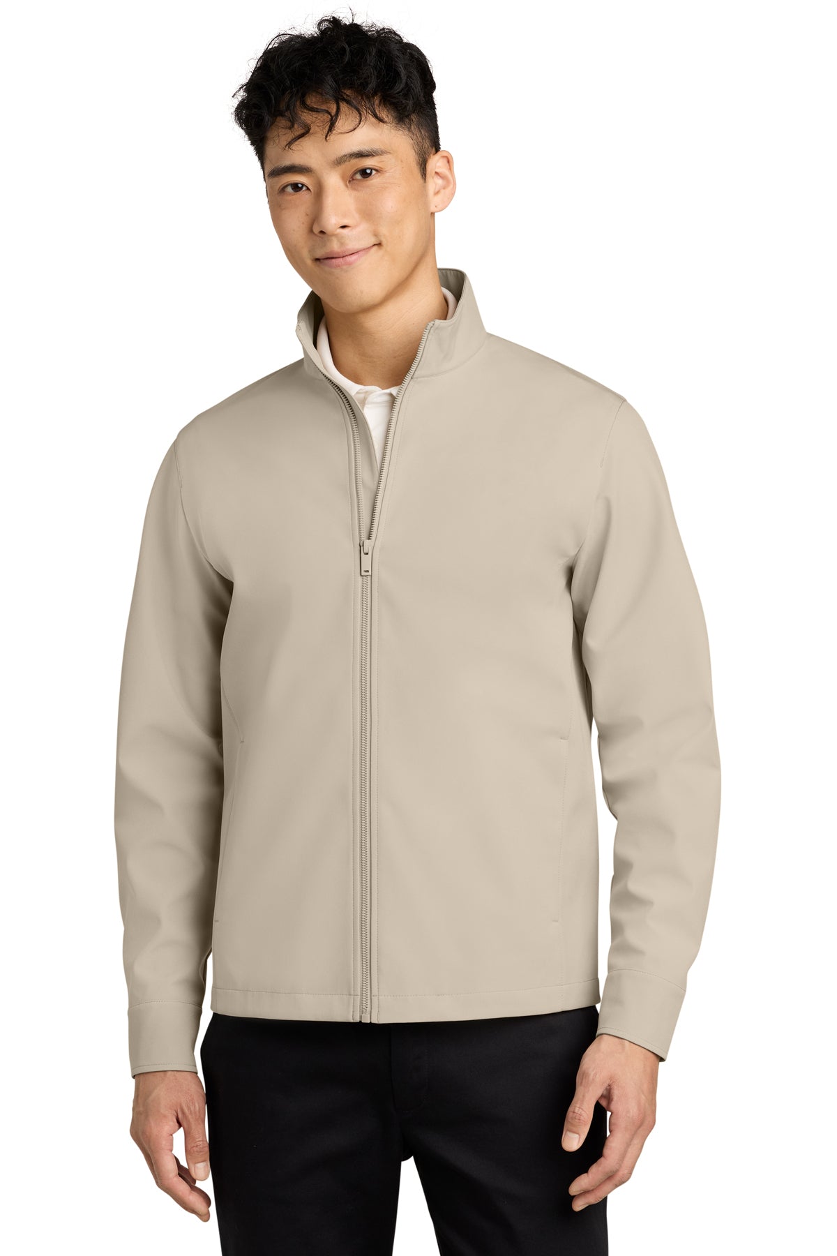 Mercer+Mettle Comfort Soft Shell Jacket in Almond, front on model