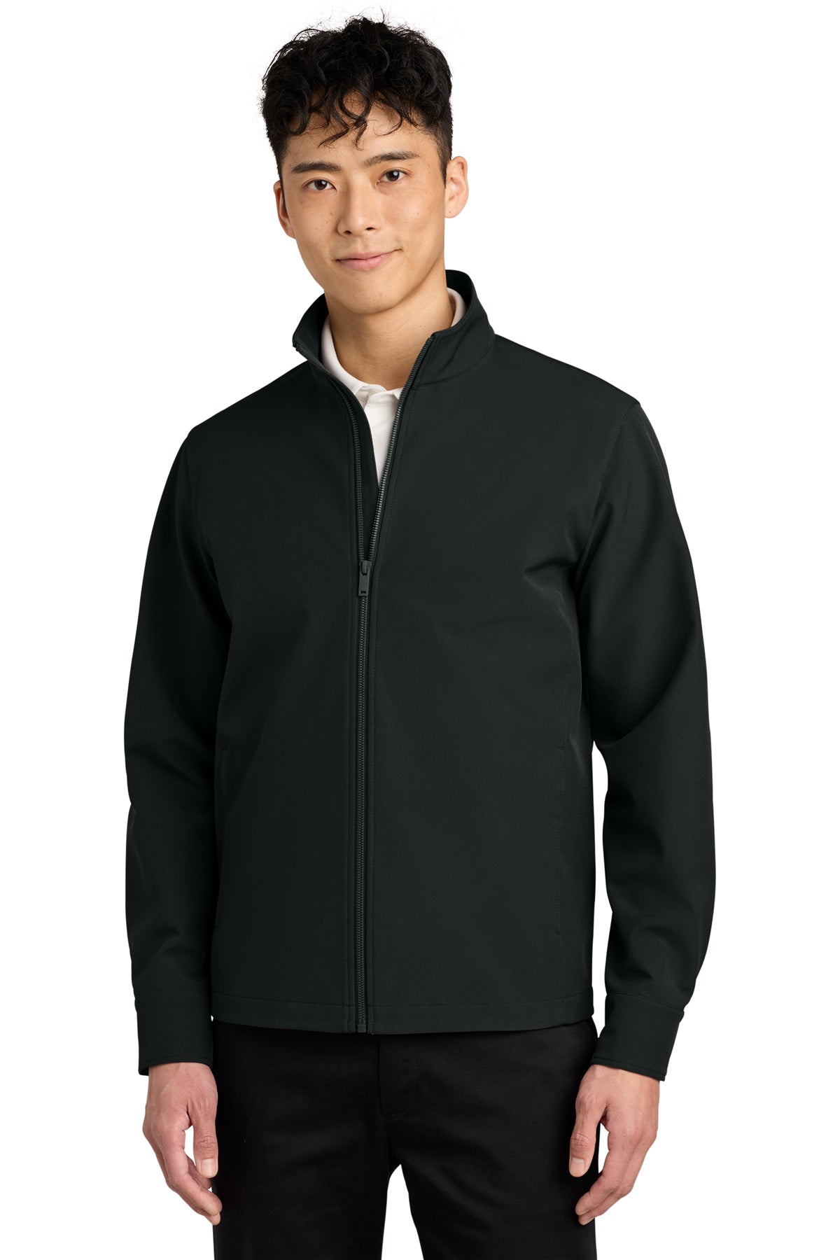 Mercer+Mettle Comfort Soft Shell Jacket in Deep Black, front on model