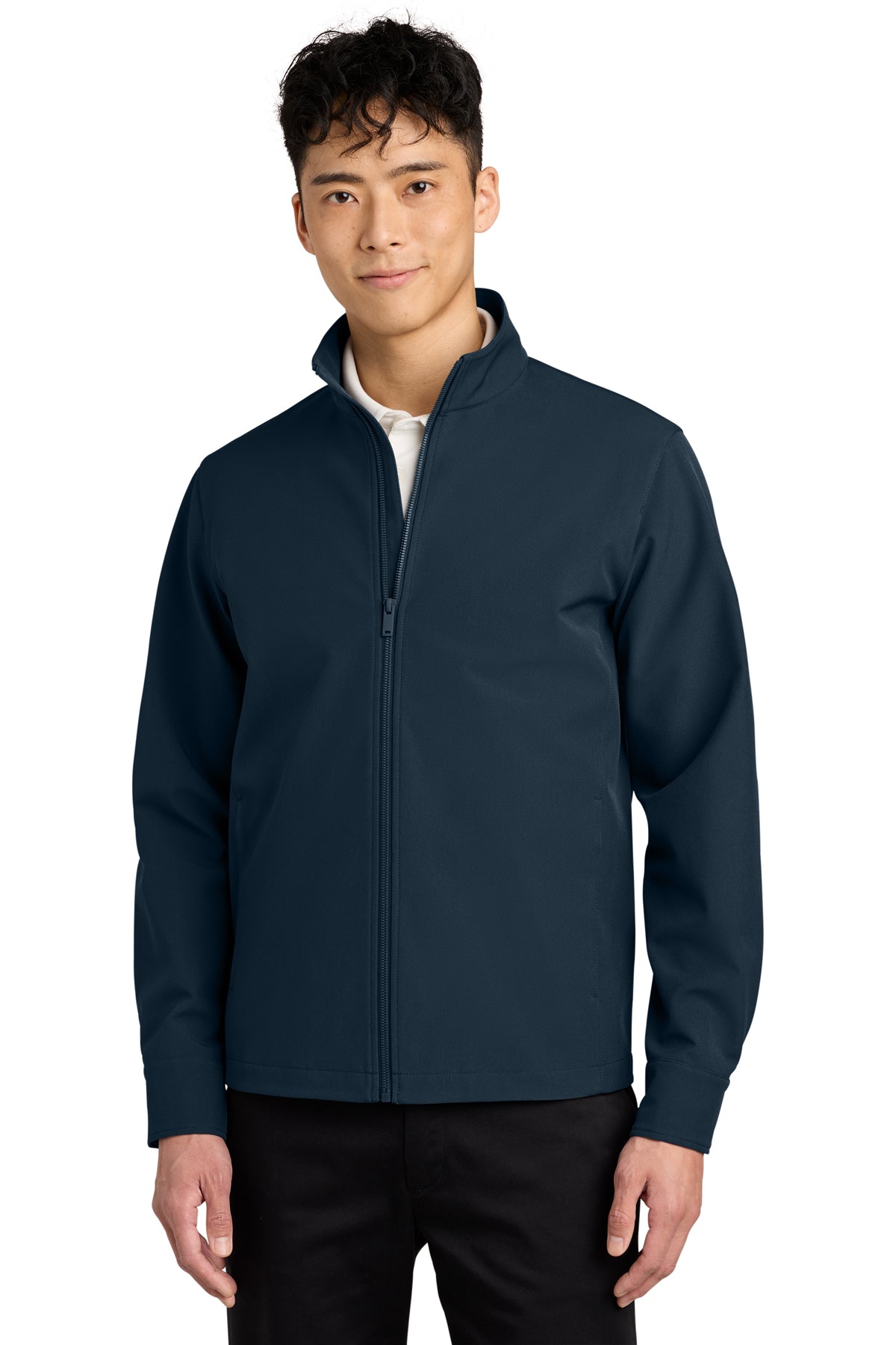 Mercer+Mettle Comfort Soft Shell Jacket in Night Navy, front on model