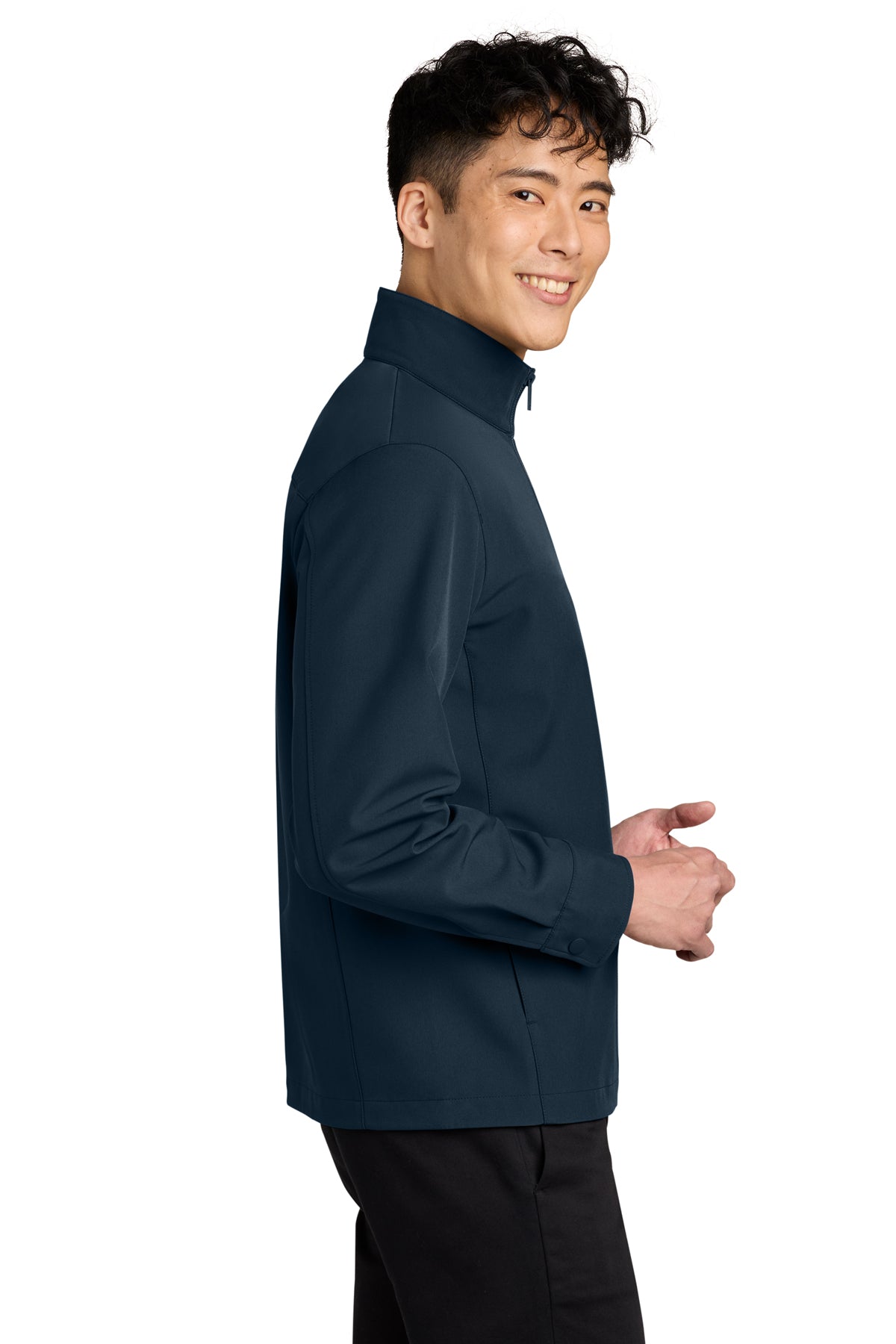Mercer+Mettle Comfort Soft Shell Jacket in Night Navy, side on model