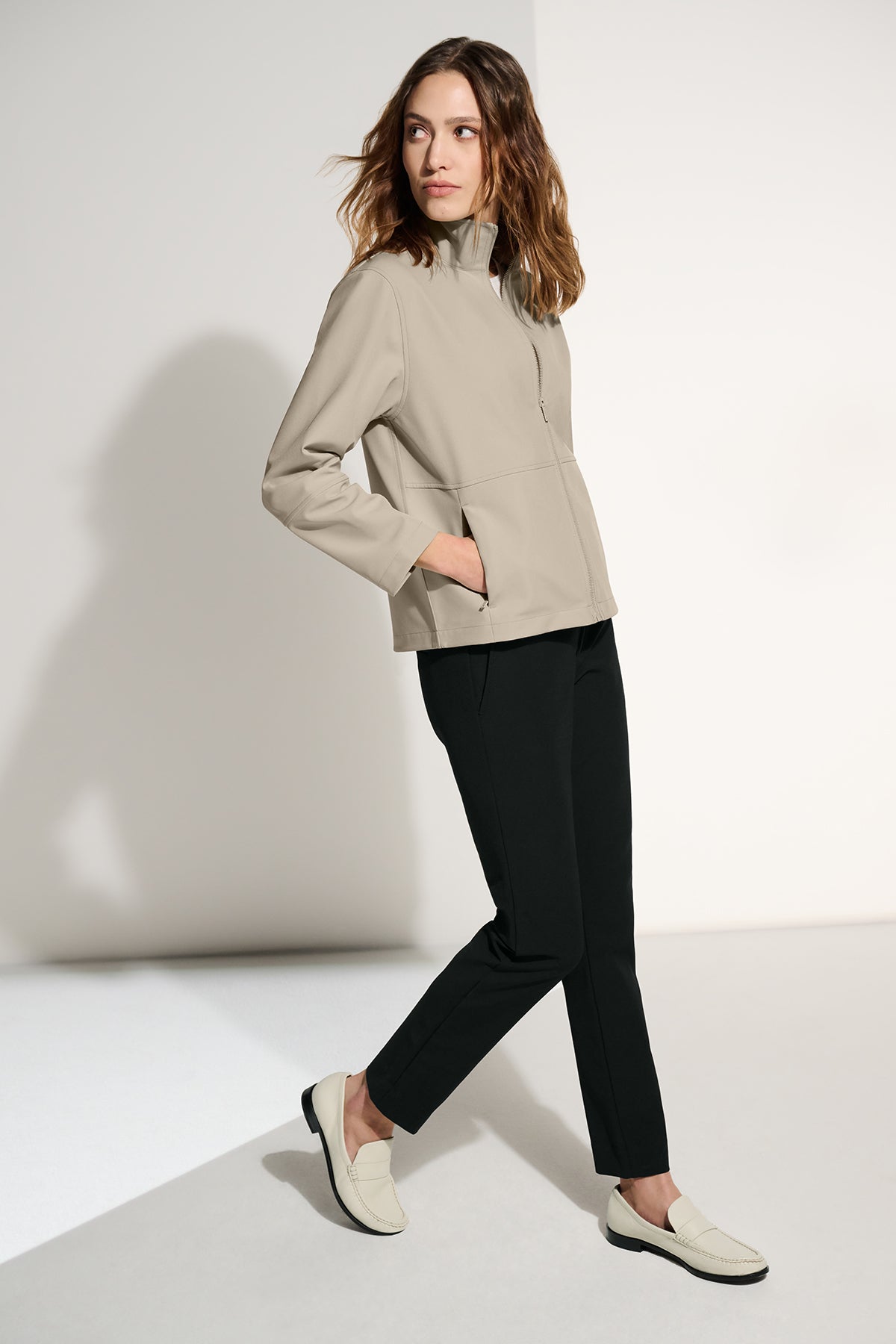Mercer+Mettle Women’s Comfort Soft Shell Jacket in Night Navy, view on model