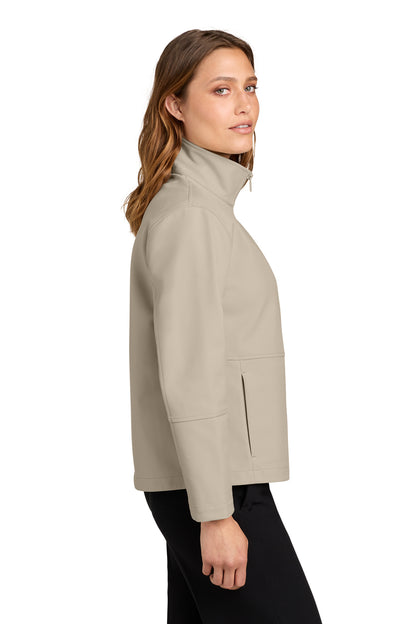 Mercer+Mettle Women’s Comfort Soft Shell Jacket in Almond, side on model