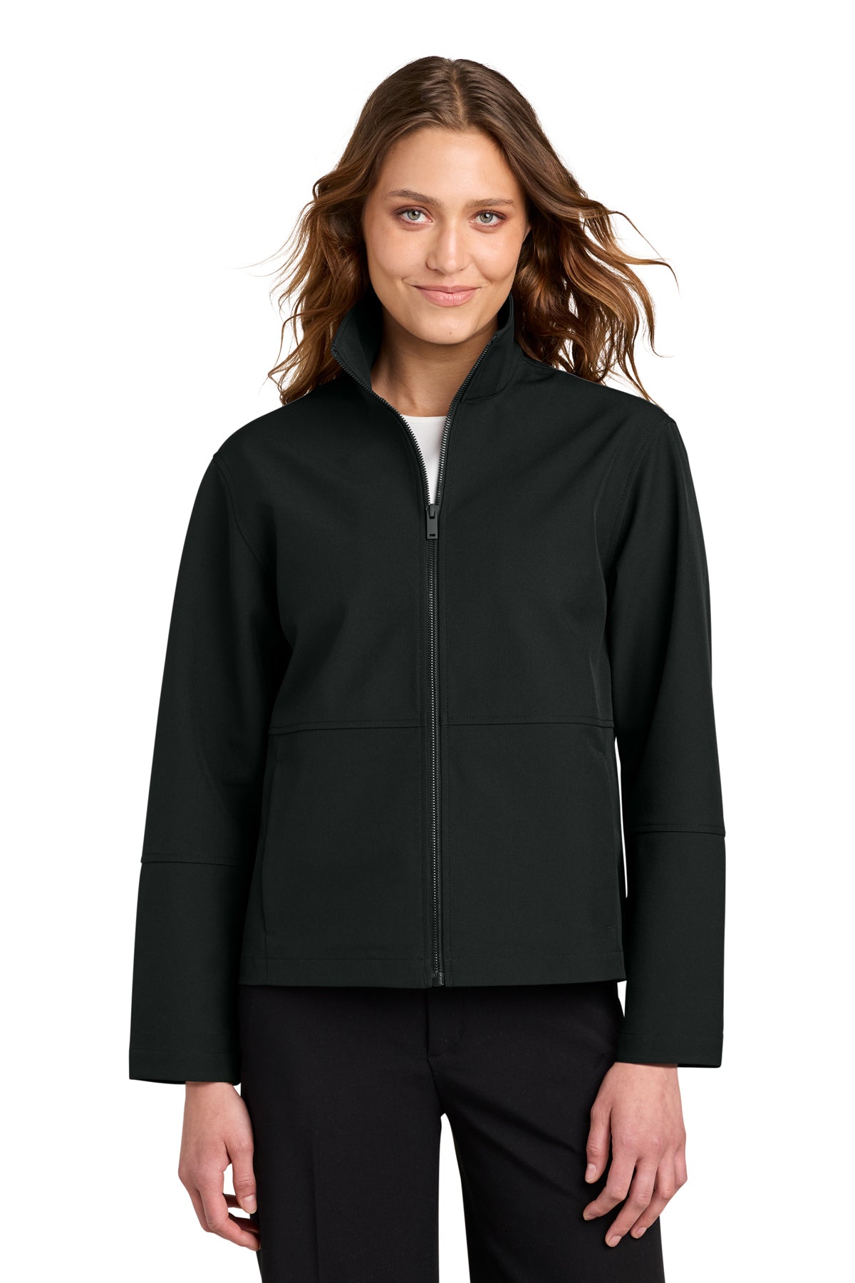 Mercer+Mettle Women’s Comfort Soft Shell Jacket in Deep Black, front on model